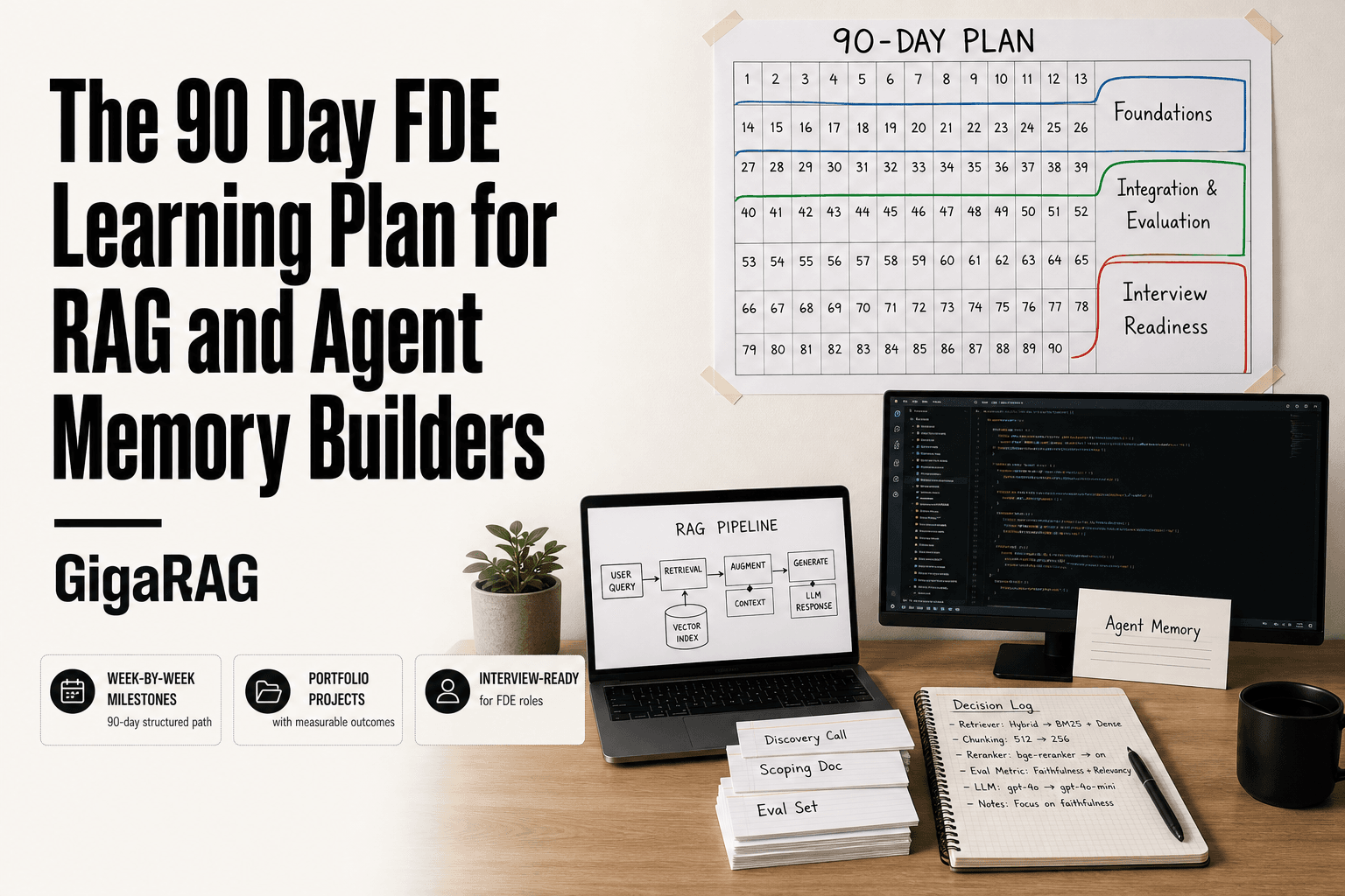 GigaRAG editorial image showing a developer's desk with a 90-day FDE learning plan calendar for RAG and agent memory builders, including index cards for discovery, scoping, and evaluation.