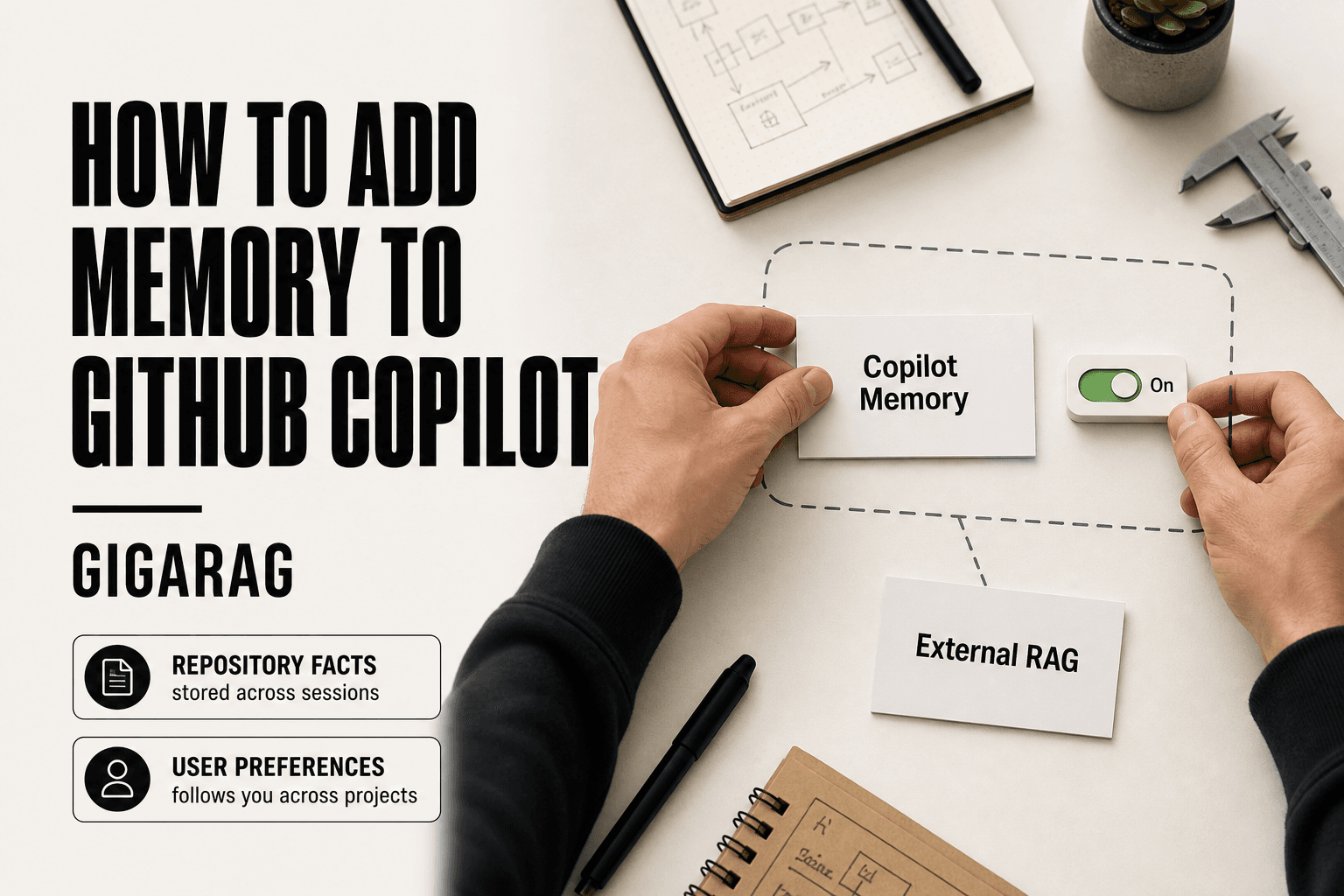 Editorial composition showing a developer enabling Copilot Memory on a workbench, with a sketch boundary separating built-in memory from an external RAG layer, illustrating how GigaRAG extends memory beyond GitHub Copilot.