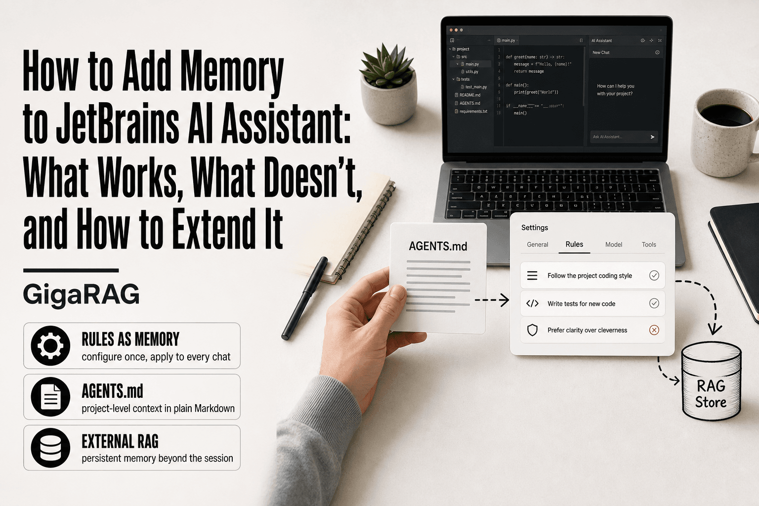 Editorial photo composite of a developer holding an AGENTS.md card beside a JetBrains rules settings panel, with a dashed sketch arrow leading to a RAG store cylinder, illustrating how to add memory to JetBrains AI Assistant.