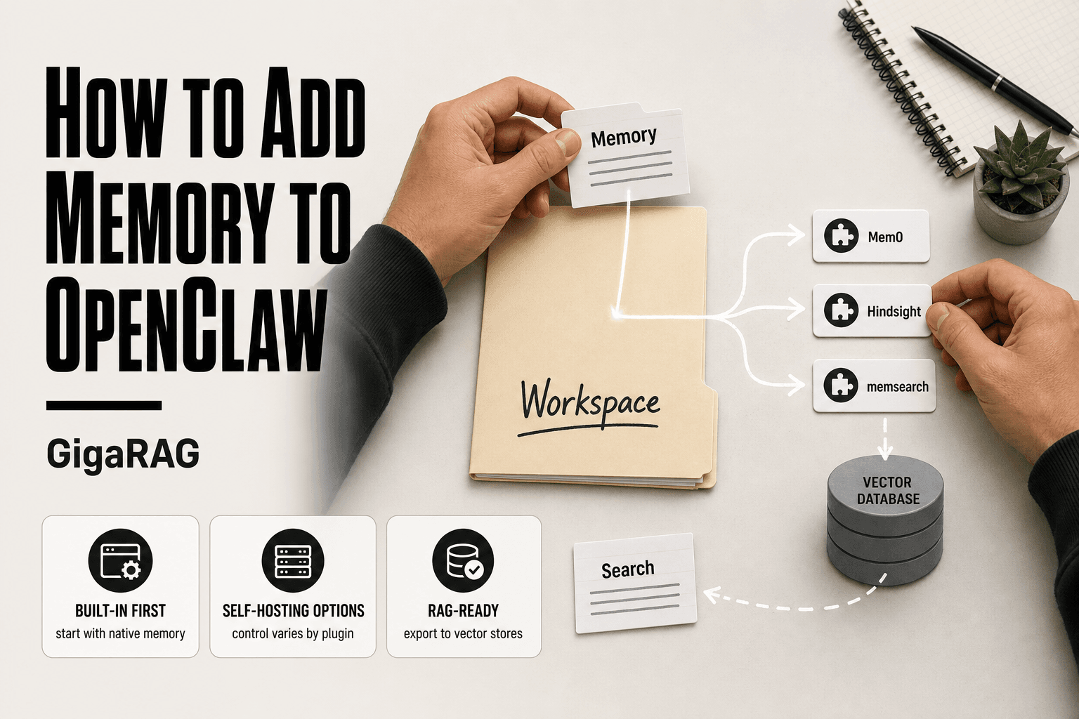 Editorial workbench scene with developer hands routing an OpenClaw memory card toward a workspace folder, three plugin chips for Mem0, Hindsight, and memsearch, and a vector database cylinder. GigaRAG guide on adding memory to OpenClaw.