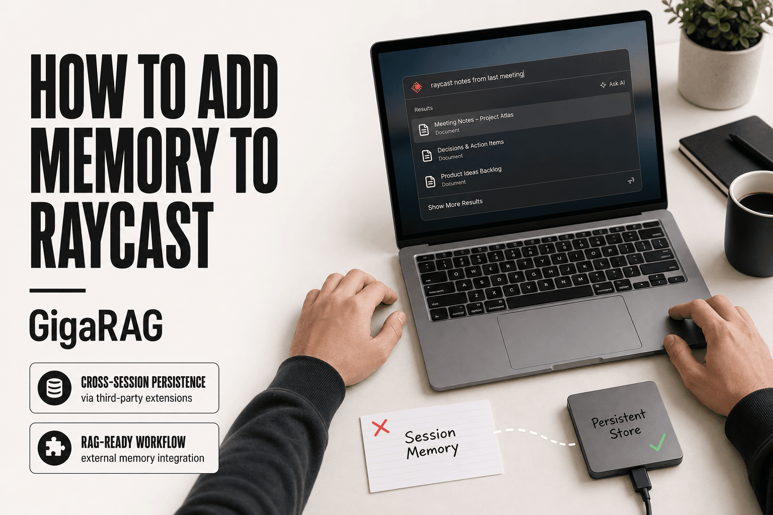 Editorial desk scene with a laptop showing the Raycast command bar, an index card labeled Session Memory, and an external drive labeled Persistent Store connected by a cable, illustrating how to add cross-session memory to Raycast with GigaRAG.