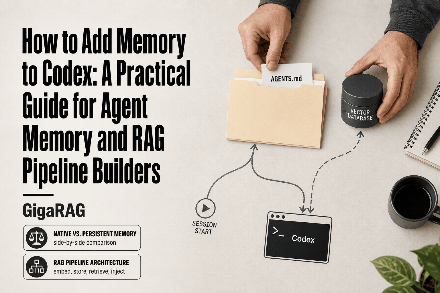 Editorial workbench showing a developer routing AGENTS.md and a vector database into a Codex terminal, illustrating memory paths for agent memory and RAG pipeline builders from GigaRAG.