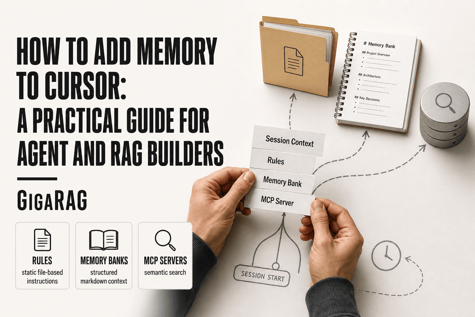 Overhead editorial scene of a developer routing a session context card into three labeled memory paths: rules, memory bank, and MCP server, with a GigaRAG-style sketch overlay.