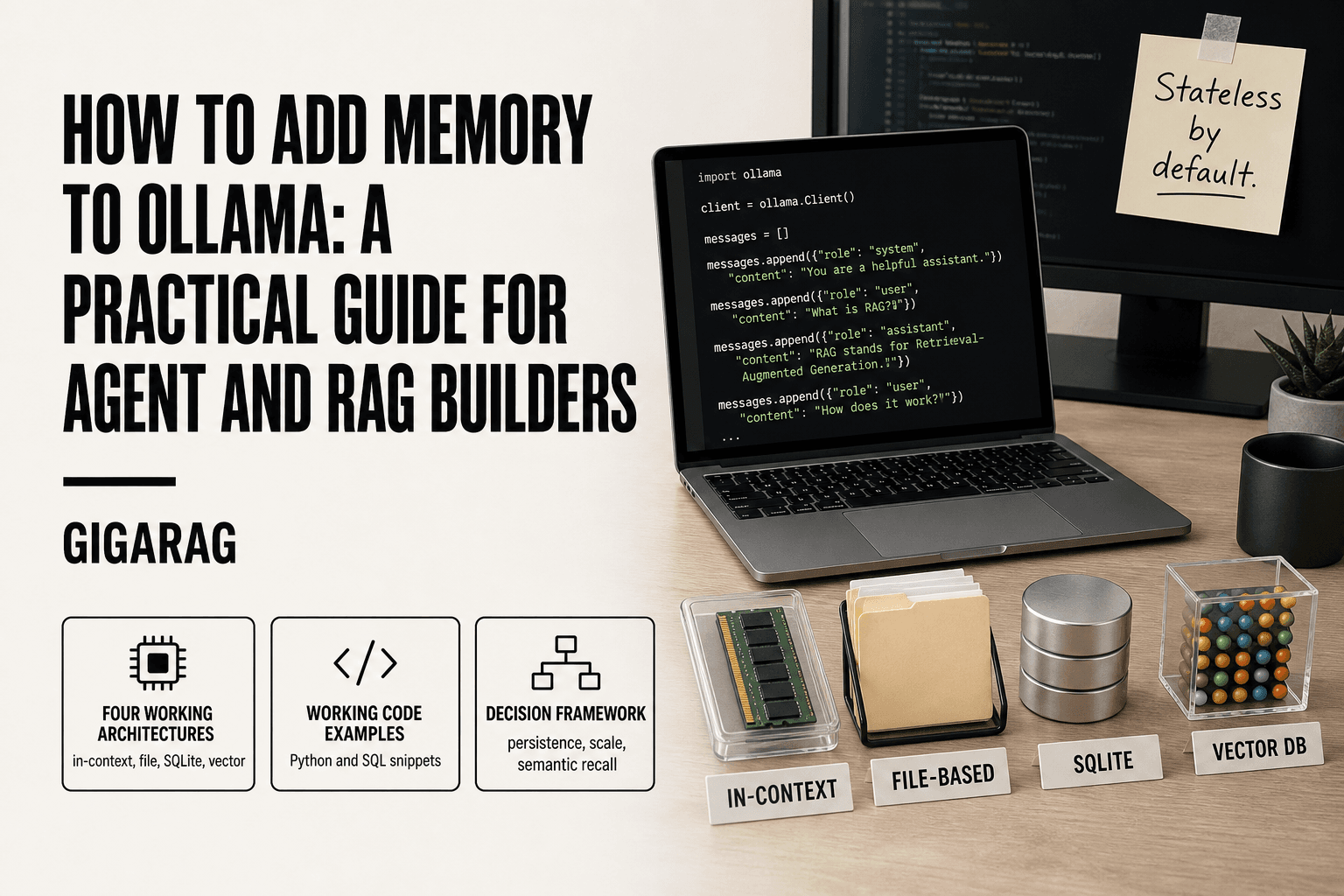 Developer workspace with a laptop showing a Python conversation buffer script and four labeled memory storage options: in-context, file-based, SQLite, and vector database for GigaRAG's Ollama memory guide.