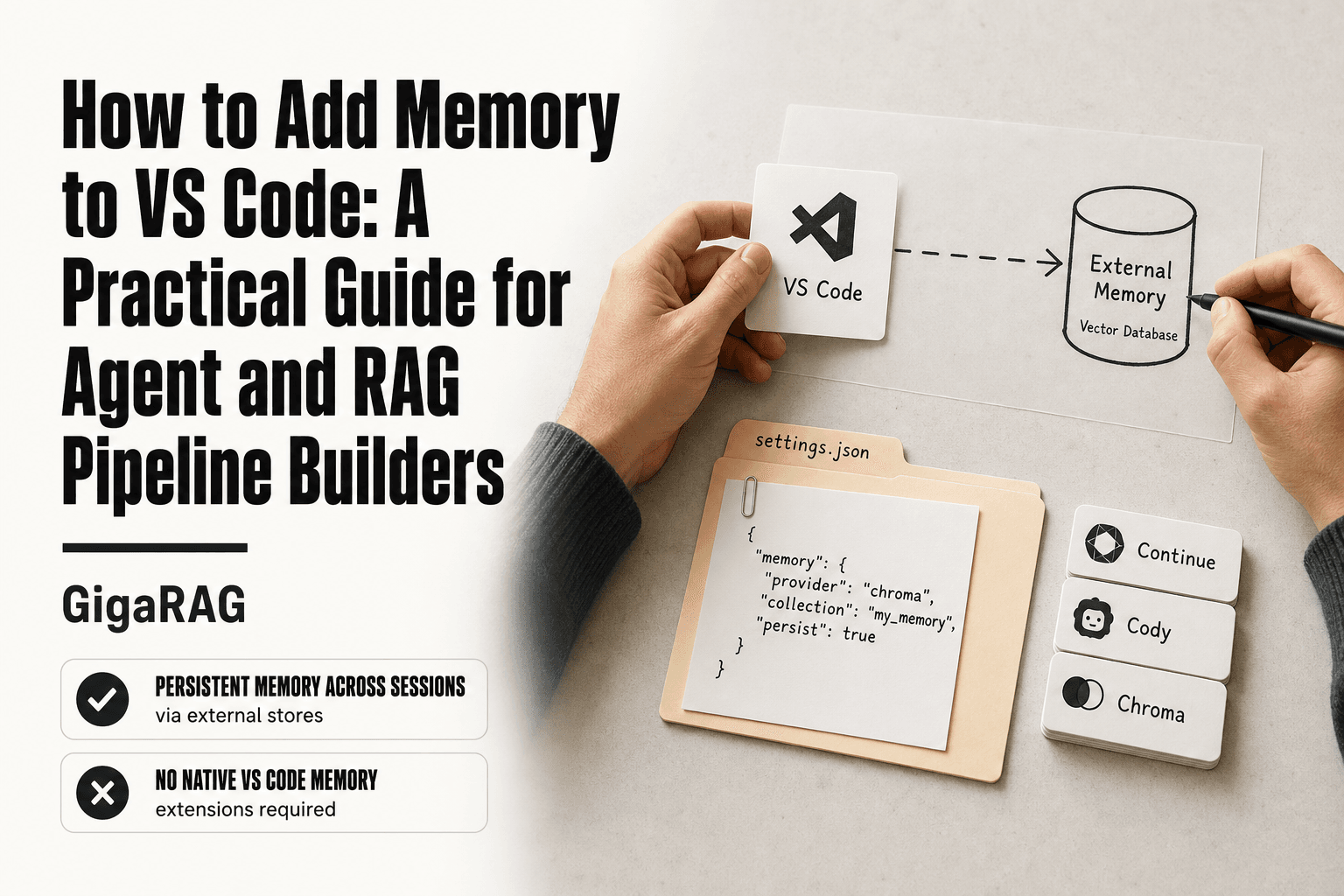 Editorial composition showing a developer connecting a VS Code card to an external vector database with a settings.json folder and extension chips nearby, illustrating how memory is added to VS Code for agents and RAG pipelines with GigaRAG.