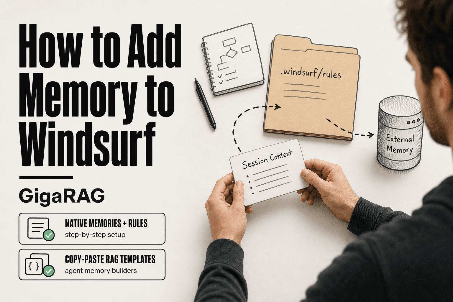 Editorial photo of a developer's hands placing a Session Context card between a .windsurf/rules folder and a vector database cylinder, with sketch lines showing two memory paths for Windsurf.