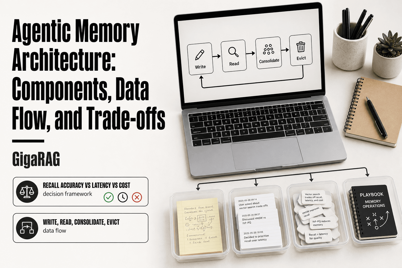 Editorial workbench showing a laptop with an agentic memory pipeline of write, read, consolidate, and evict beside four labeled memory containers on a light neutral desk, illustrating GigaRAG's architecture guide.