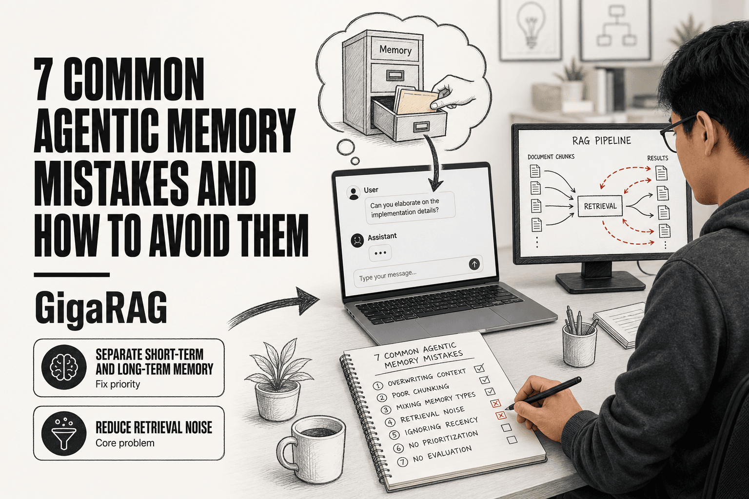 GigaRAG article hero showing a developer at a desk with a laptop displaying a conversation and a memory filing cabinet thought bubble, beside a screen showing a RAG pipeline with looping document chunks.