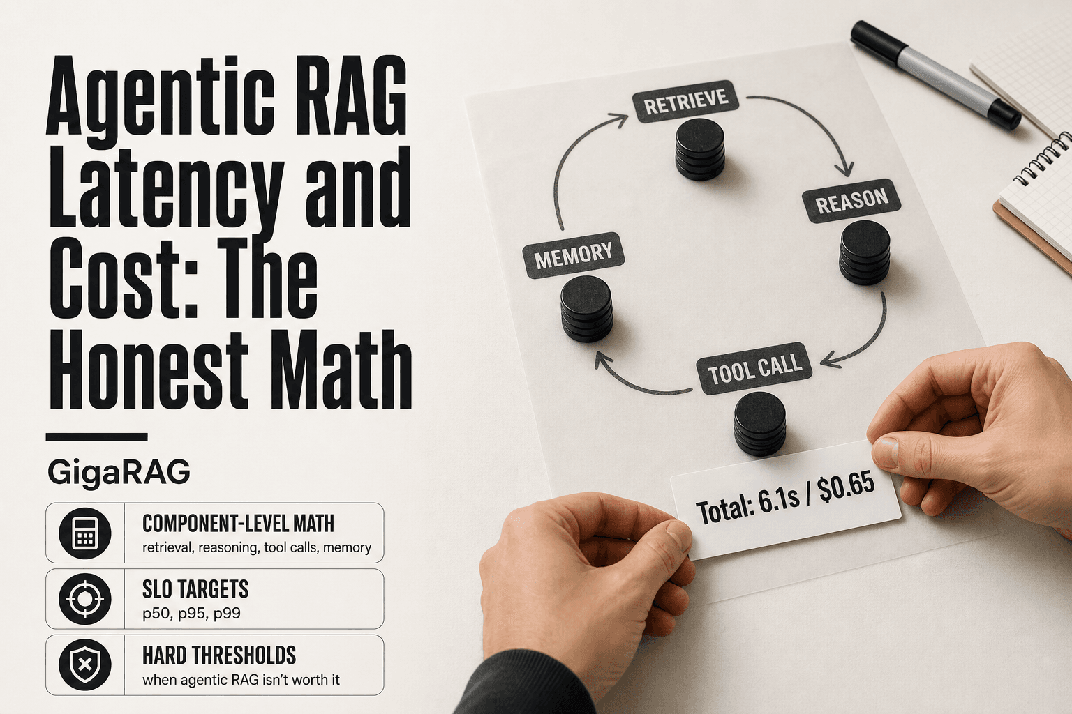 Editorial overhead view of a developer's hands placing a total cost and latency card beside a looping path through retrieve, reason, tool call, and memory stage chips for GigaRAG's agentic RAG cost breakdown.