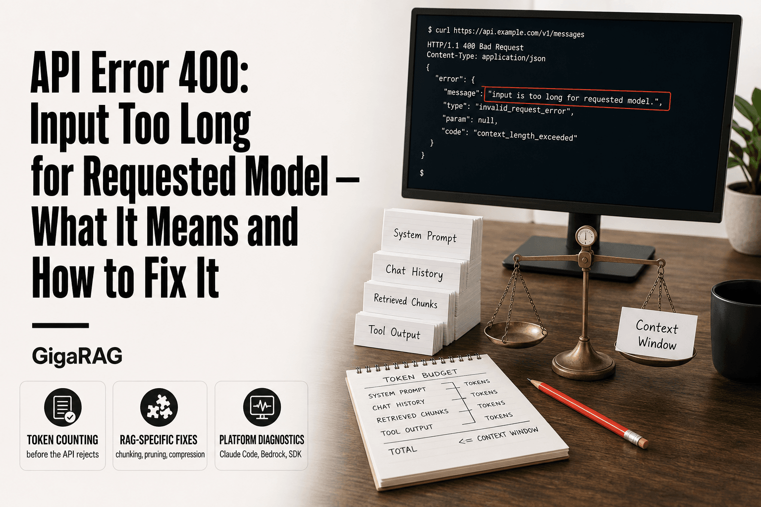 Developer's desk with a monitor showing an HTTP 400 input-too-long error, index cards labeled System Prompt, Chat History, Retrieved Chunks, and Tool Output, and a hand-drawn token budget on a notepad.
