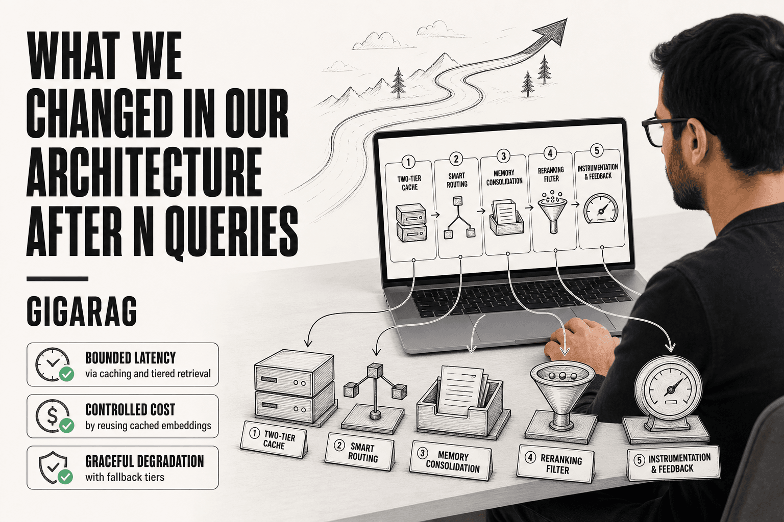 Developer at a desk with a laptop showing a five-stage RAG pipeline, surrounded by physical objects representing caching, routing, memory consolidation, reranking, and instrumentation. GigaRAG architecture guide.