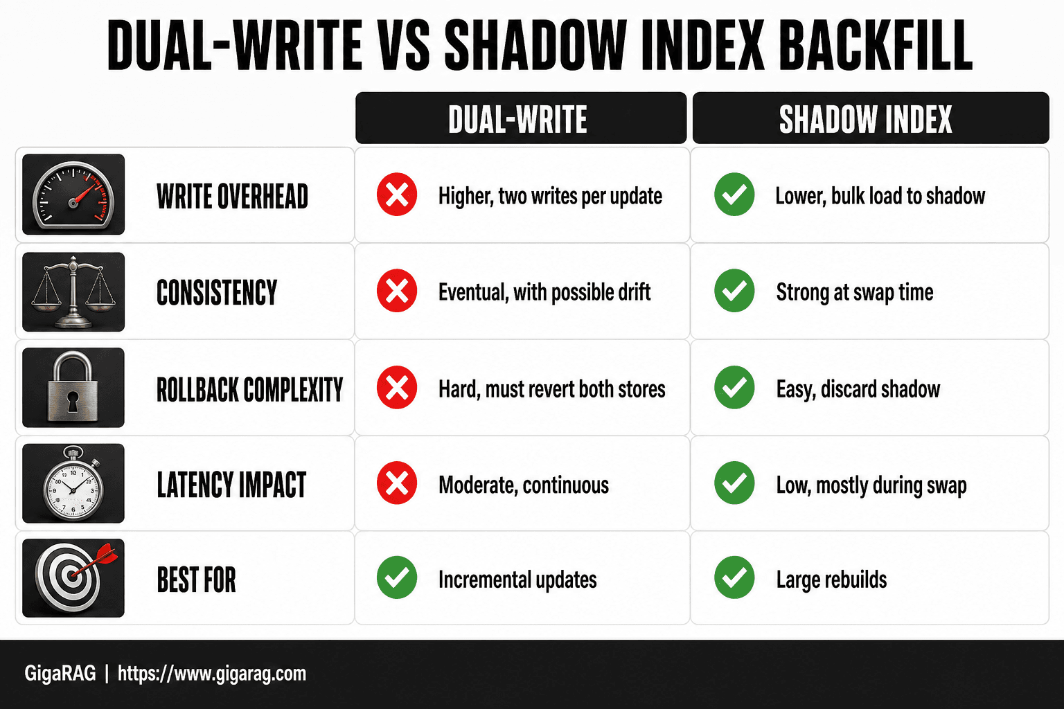 GigaRAG comparison table contrasting dual-write and shadow index backfill approaches across write overhead, consistency, rollback complexity, latency impact, and best use case.