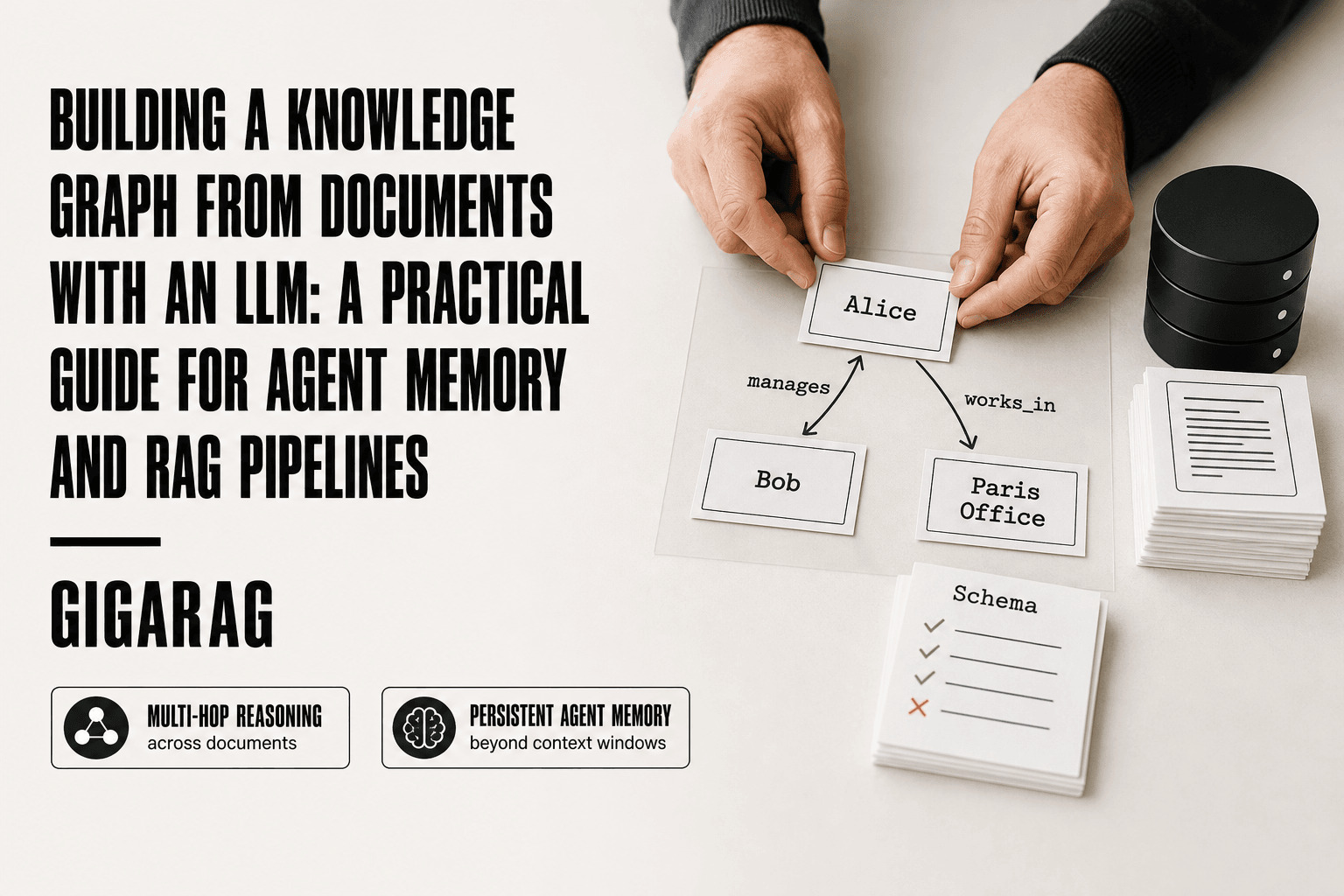 GigaRAG editorial scene of a developer connecting entity cards labeled Alice, Bob, and Paris Office with typed relationship arrows on a light workbench, illustrating knowledge graph construction from documents.