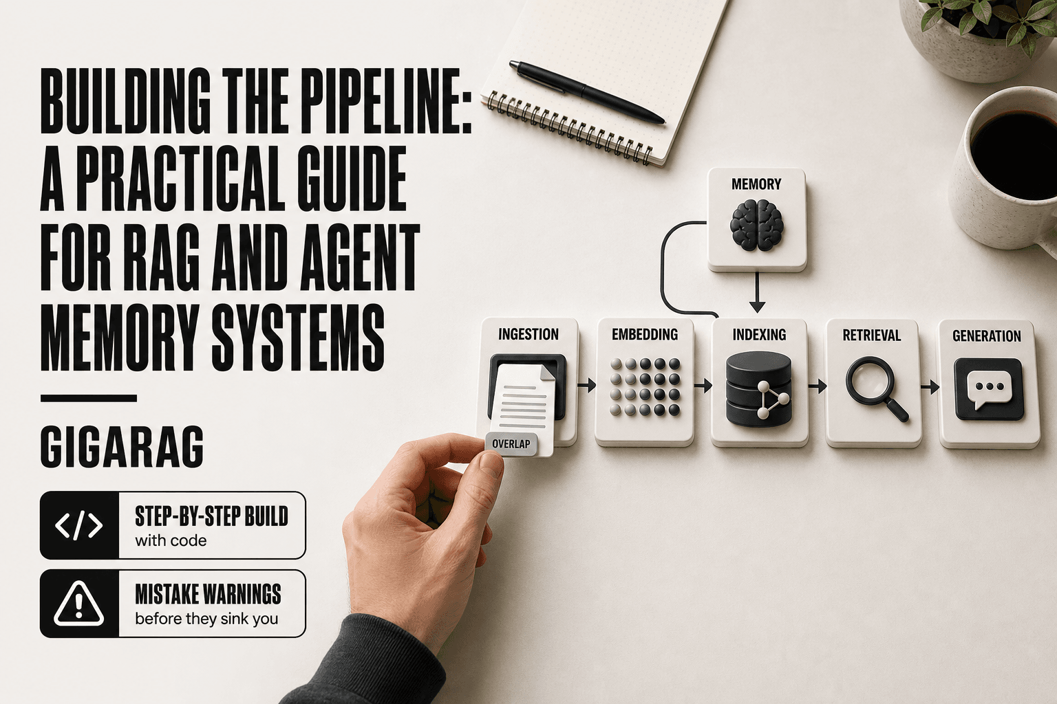 Overhead editorial workbench showing five RAG pipeline modules connected by arrows, with a sixth memory module writing back into the indexing stage. GigaRAG's practical guide to building retrieval and agent memory pipelines.