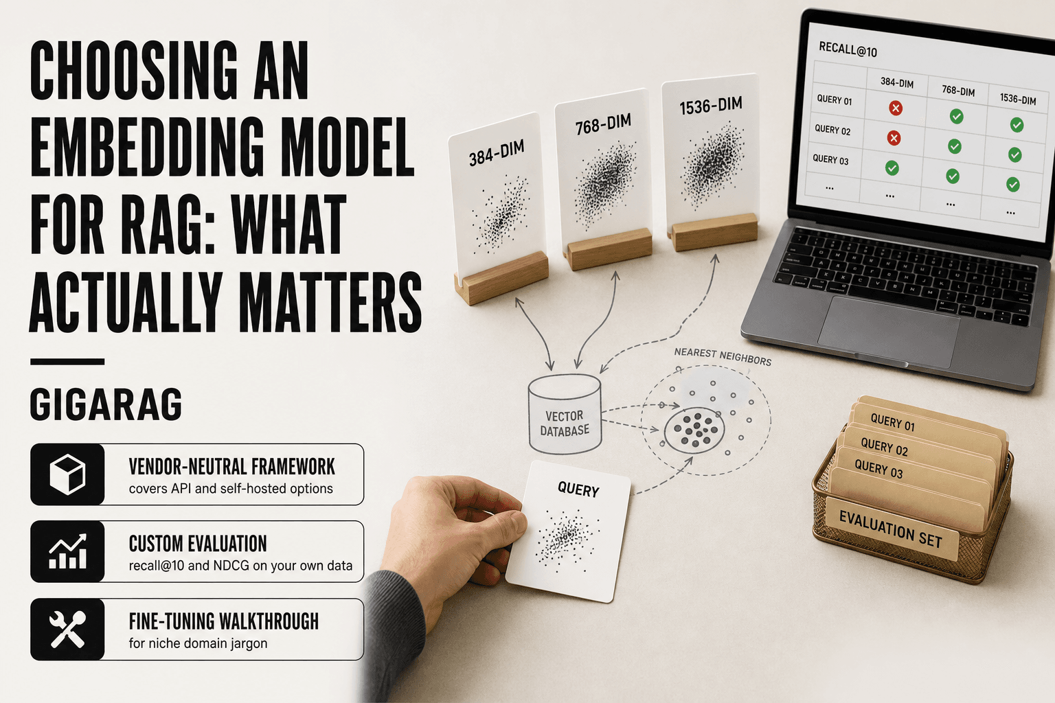Editorial overhead scene of a developer comparing three embedding model cards beside a vector database cylinder, with a query card and a laptop showing recall metrics, illustrating how to choose an embedding model for RAG with GigaRAG.