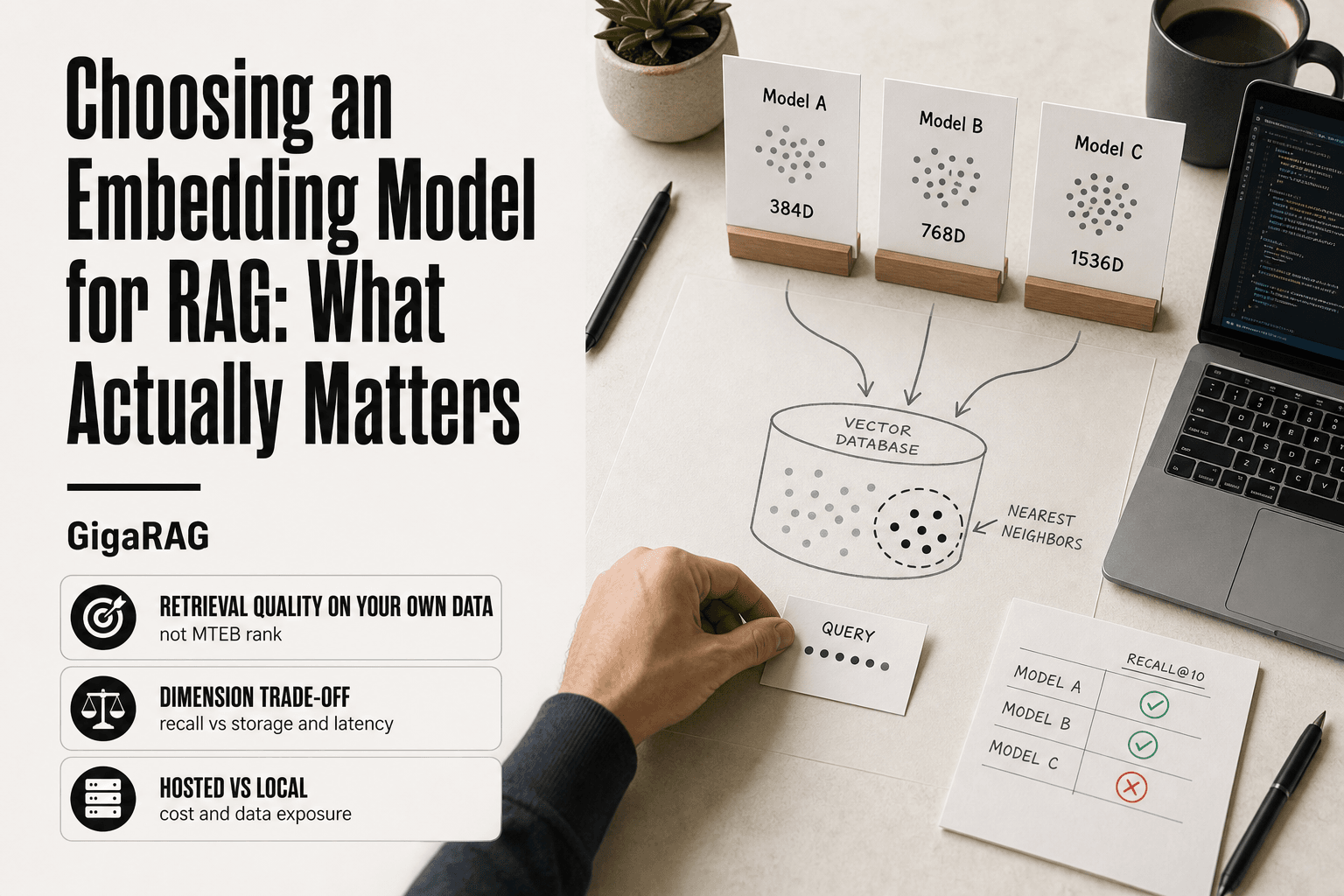 GigaRAG editorial photo-composite of a developer comparing three embedding model cards with different dimension counts above a vector database retrieval diagram, illustrating how model choice affects RAG retrieval quality.