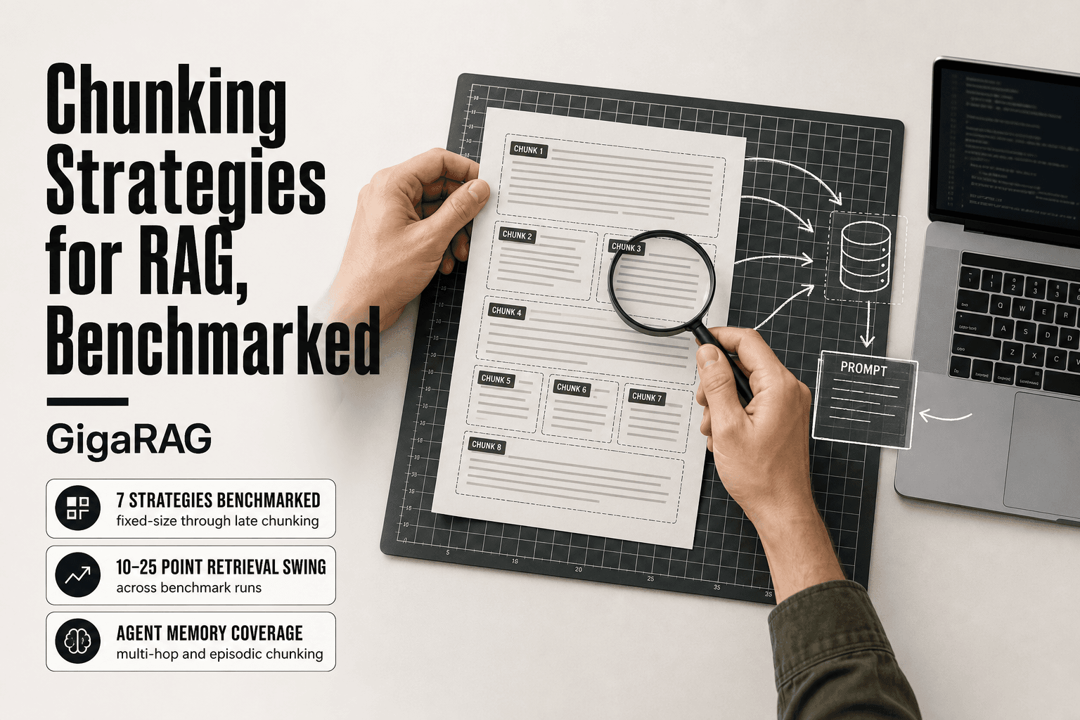 Overhead editorial workbench scene with a document page being split into labeled chunk cards on a cutting mat, arrows tracing from chunks to a vector database cylinder and a prompt card beside a laptop, illustrating GigaRAG's benchmarked chunking strategies for RAG.