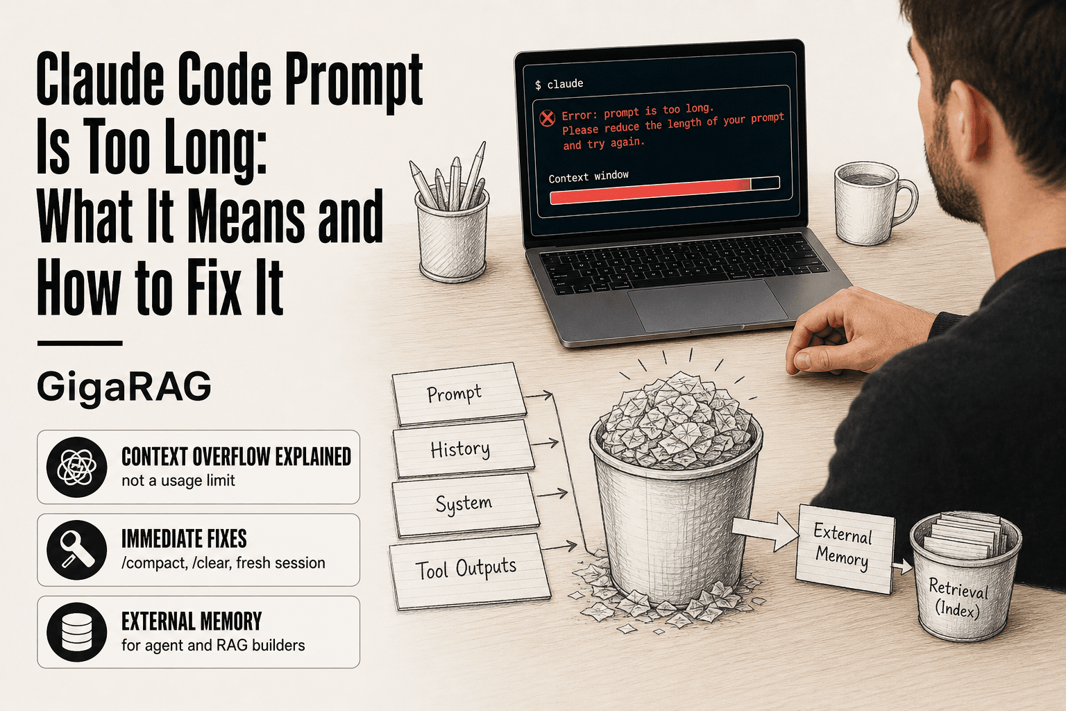 Developer at a desk with a laptop showing the Claude Code prompt too long error, index cards labeled Prompt, History, System, and Tool Outputs stacked into an overflowing container, with an External Memory card redirecting overflow outside the prompt.