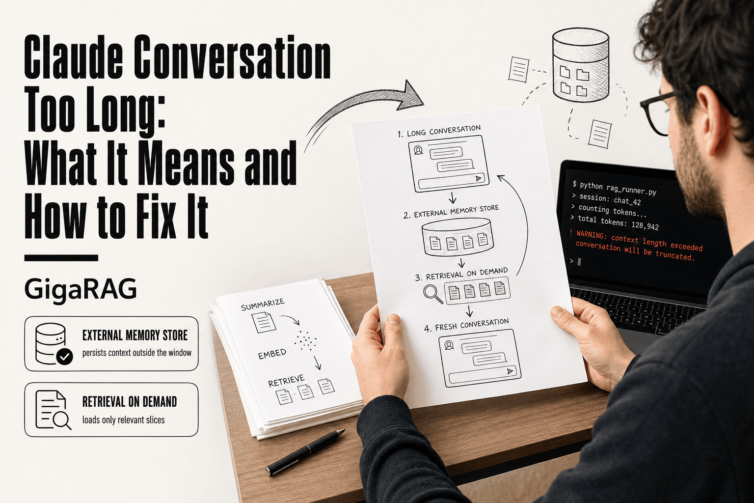 Developer hands holding a printed conversation memory diagram beside a laptop showing a token count log and a truncated conversation warning, illustrating how external memory stores help manage Claude's context window.