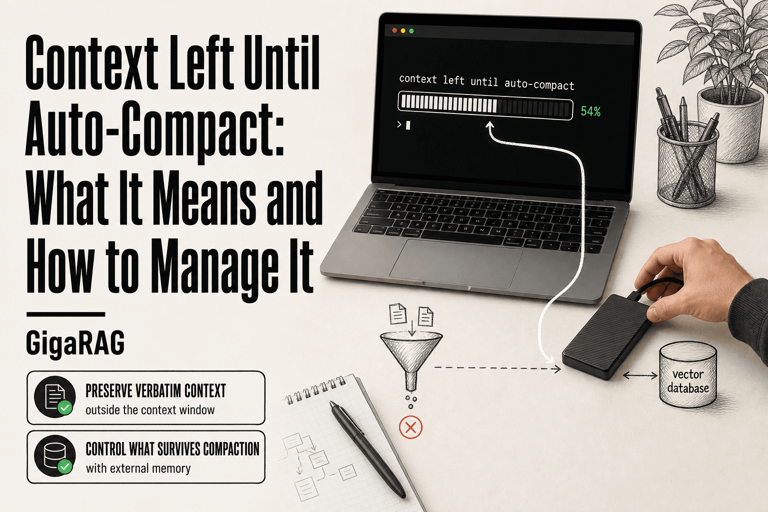 GigaRAG editorial illustration of a Claude Code terminal showing the context left until auto-compact indicator, with a developer's hand routing conversation state to an external memory drive and vector database cylinder.