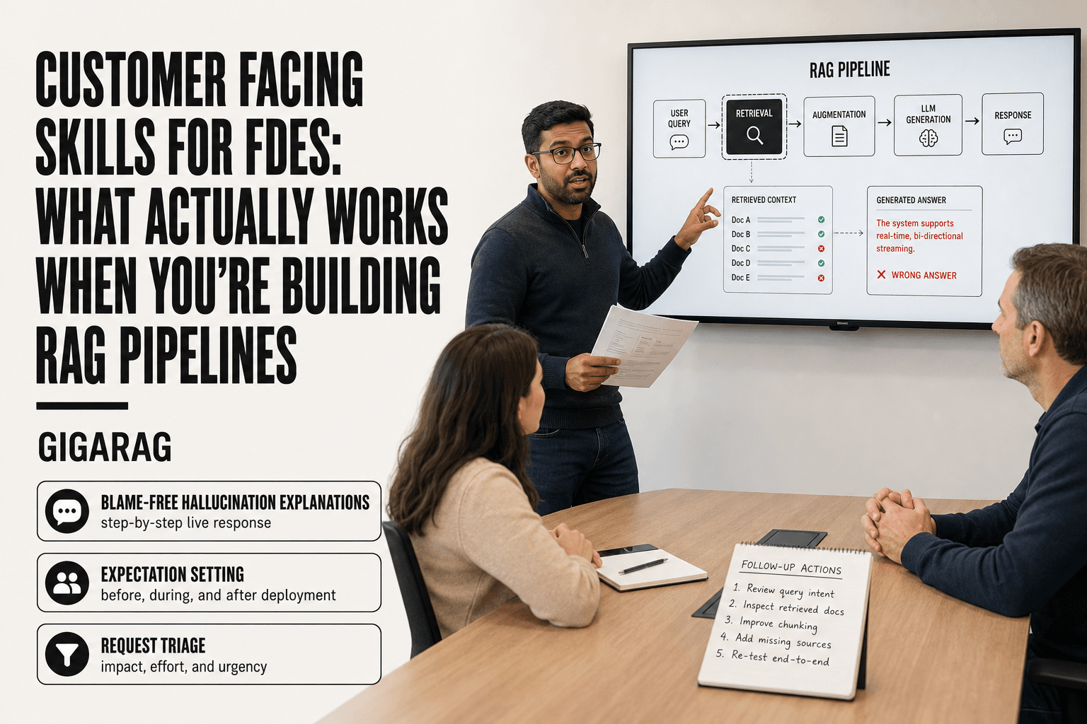 A forward deployed engineer explains a RAG pipeline output to two customer stakeholders in a conference room, pointing at a screen showing a highlighted retrieval step and a flagged incorrect answer while holding printed source documents.