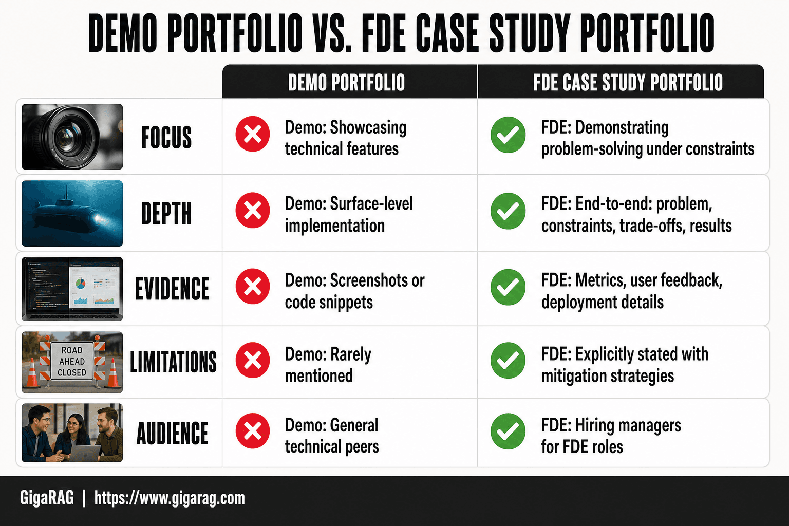 Comparison table contrasting demo portfolios and FDE case study portfolios across focus, depth, evidence, limitations, and audience, from GigaRAG's guide on building FDE case study portfolios.