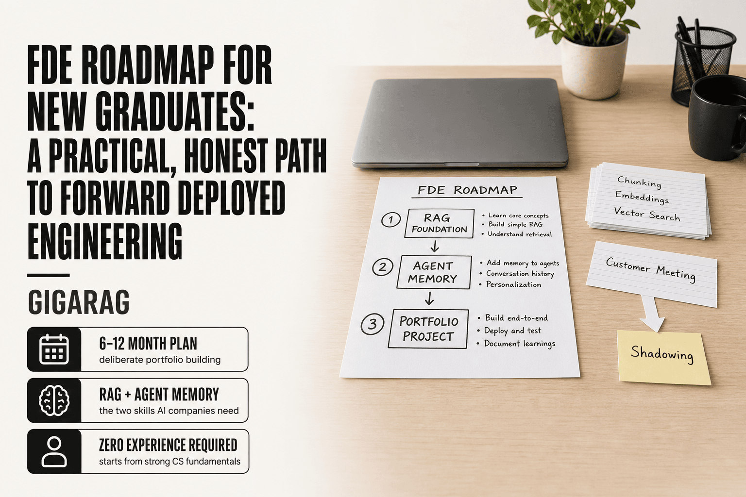 A new graduate's desk with a printed FDE roadmap showing phases for RAG foundation, agent memory, and portfolio project, alongside index cards for chunking, embeddings, and vector search. GigaRAG editorial illustration for a forward deployed engineering career guide.