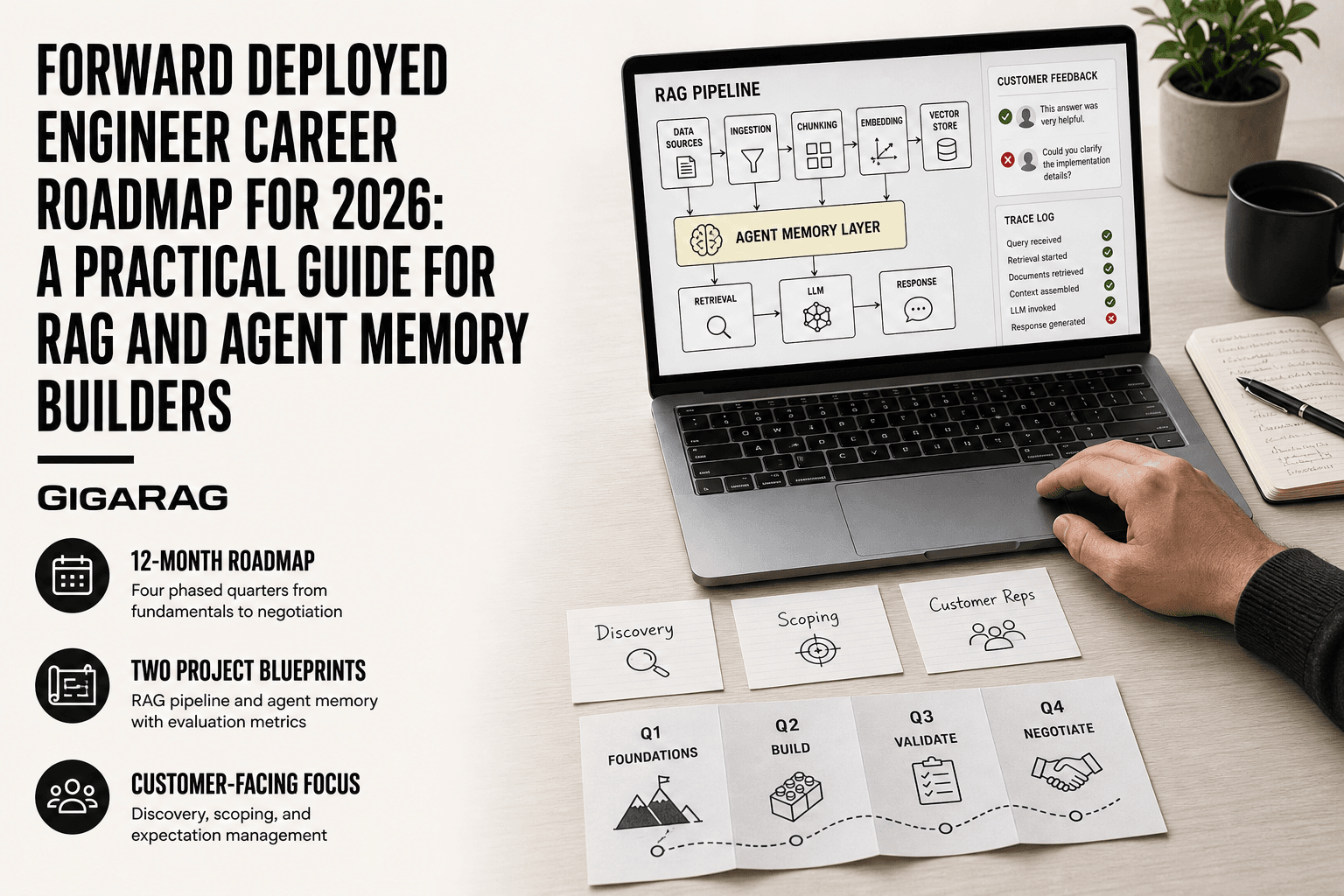 Editorial desk scene with a laptop showing a RAG pipeline and agent memory diagram, index cards labeled Discovery, Scoping, and Customer Reps, and a quarterly roadmap for forward deployed engineers, presented by GigaRAG.