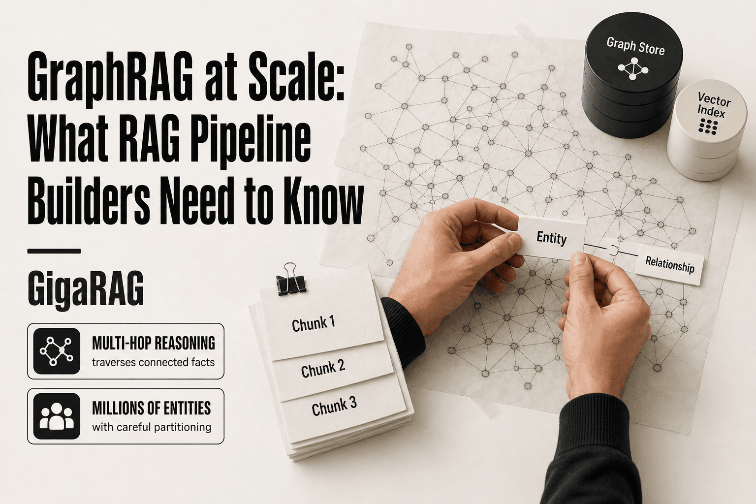 Editorial workbench scene with a developer's hands placing entity and relationship cards over a dense node graph, beside a graph database and vector index, illustrating GraphRAG retrieval at scale for GigaRAG.