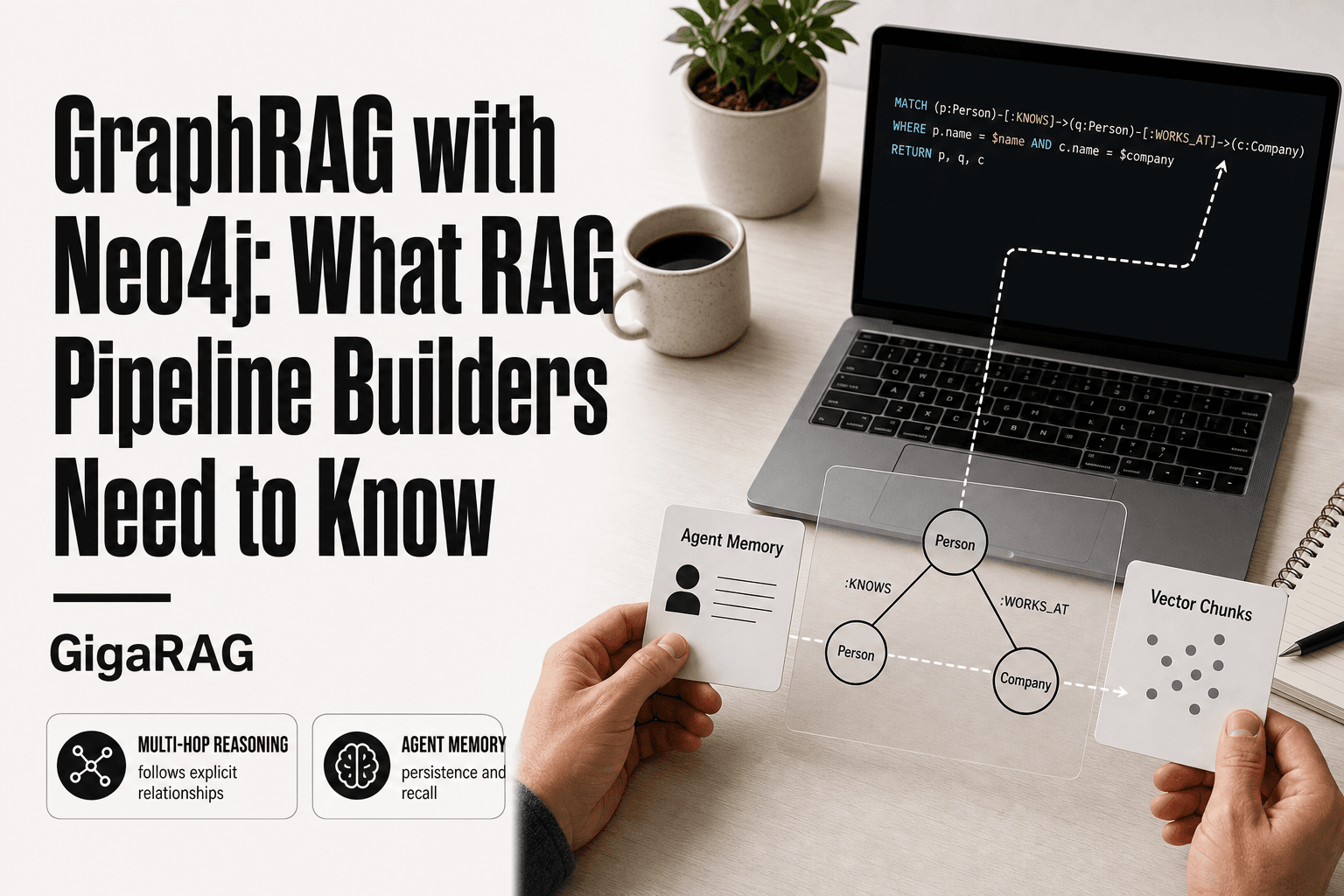 Editorial desk scene with printed cards labeled Agent Memory and Vector Chunks, a node diagram, and a laptop showing a graph query, illustrating GraphRAG with Neo4j for GigaRAG readers.