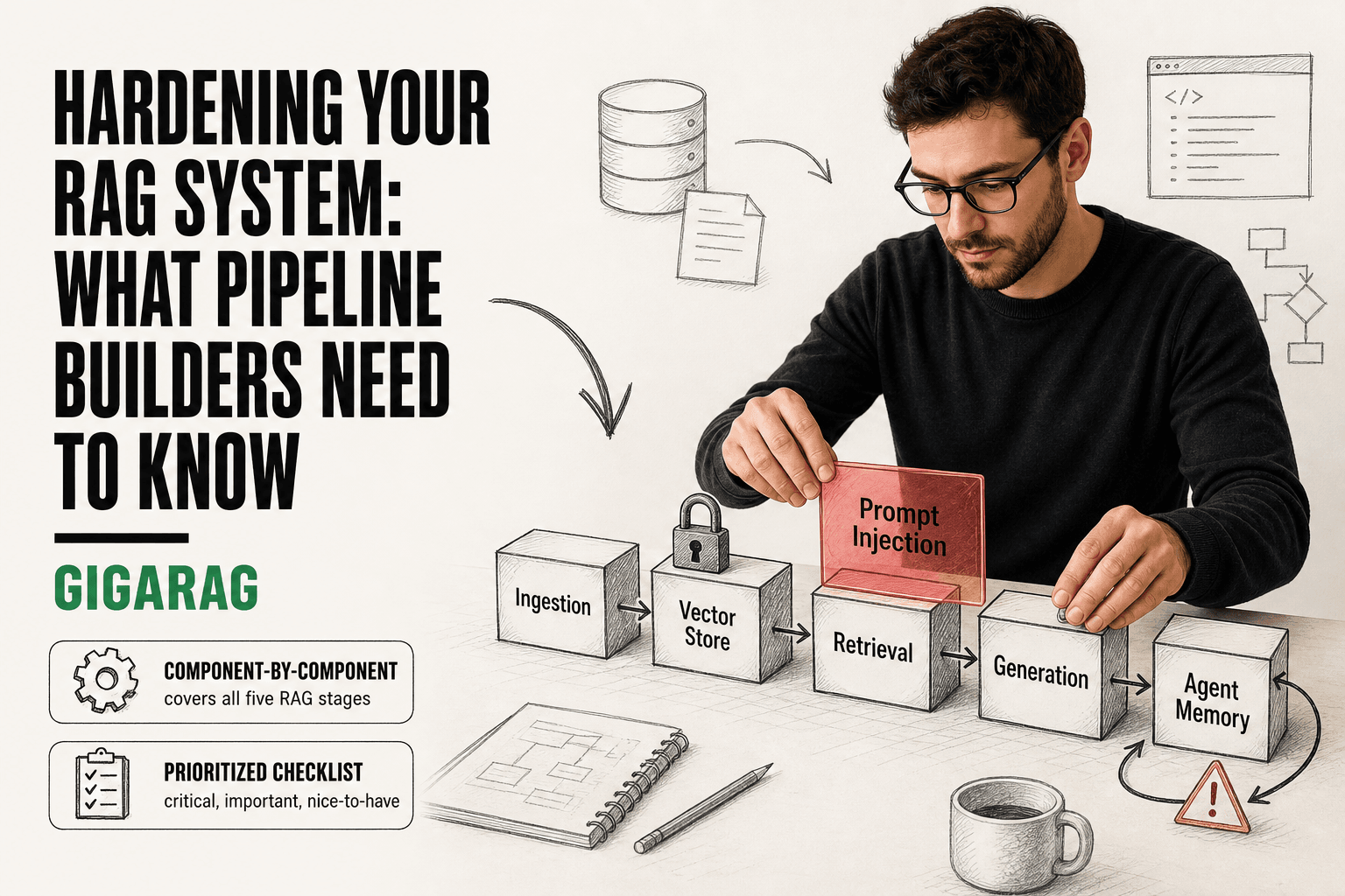 A developer assembling a physical RAG pipeline model from labeled blocks for ingestion, vector store, retrieval, generation, and agent memory, with a prompt injection overlay on retrieval. GigaRAG editorial illustration.