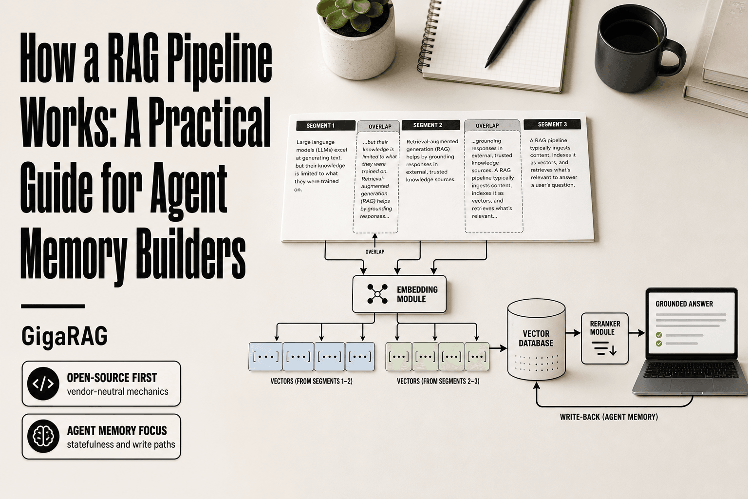 Editorial workbench showing a RAG pipeline for agent memory: overlapping document chunks flow through an embedding module into vector cards, a vector database, a reranker, and a laptop, with a write-back arrow returning to the database.