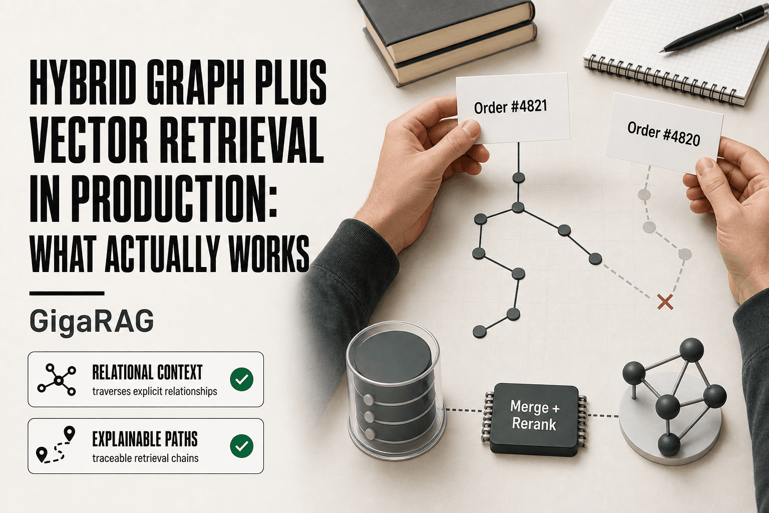 Editorial overhead view of a developer's hands comparing two order cards on a workbench, with a translucent sketch overlay showing one path through connected graph nodes and the other fading out, alongside a vector database cylinder and a merge-and-rerank chip, illustrating hybrid graph plus vector retrieval for GigaRAG.