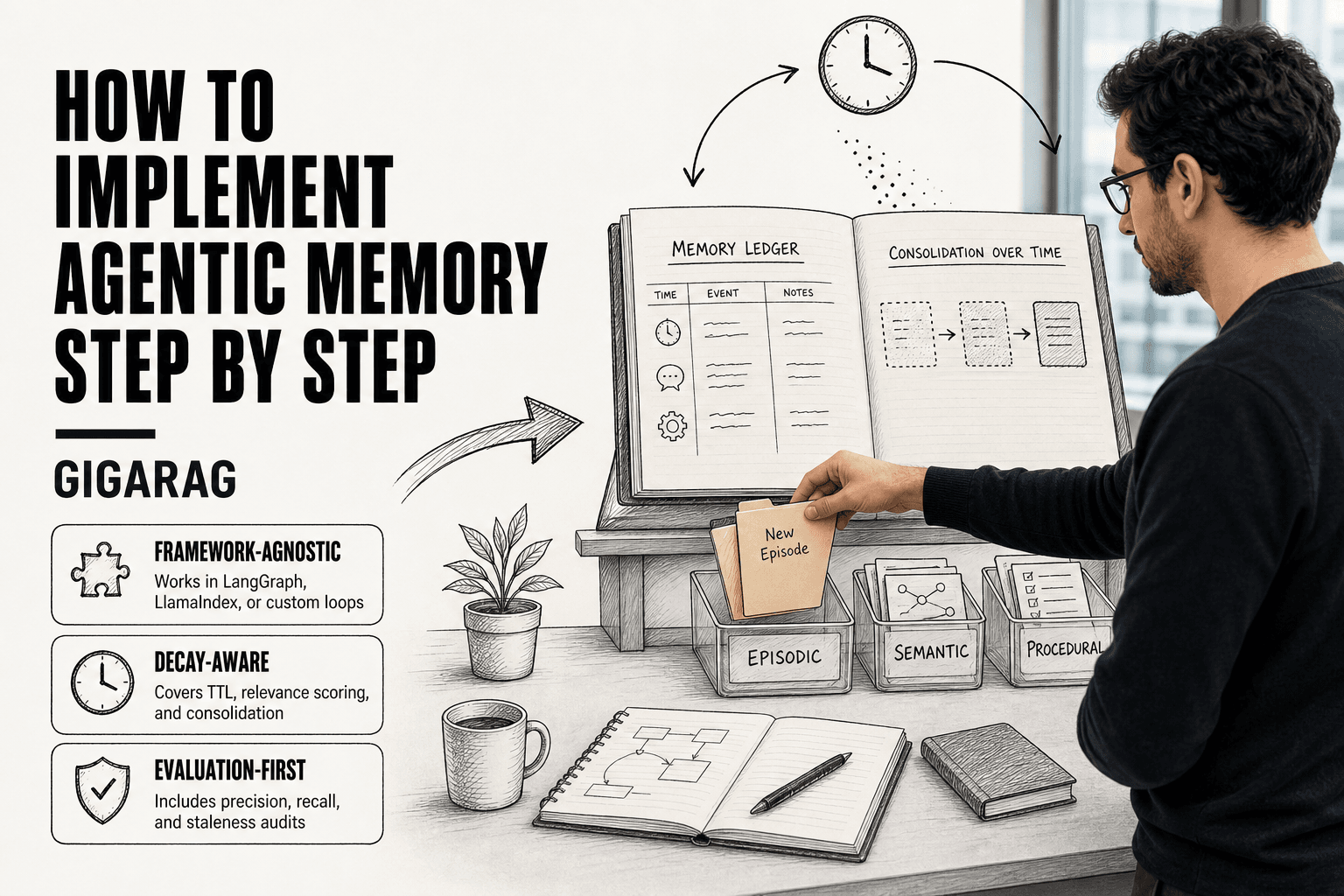 A developer at a desk places a folder into labeled memory trays while line-art arrows show decay and consolidation for agentic memory, with GigaRAG as the implementation guide.