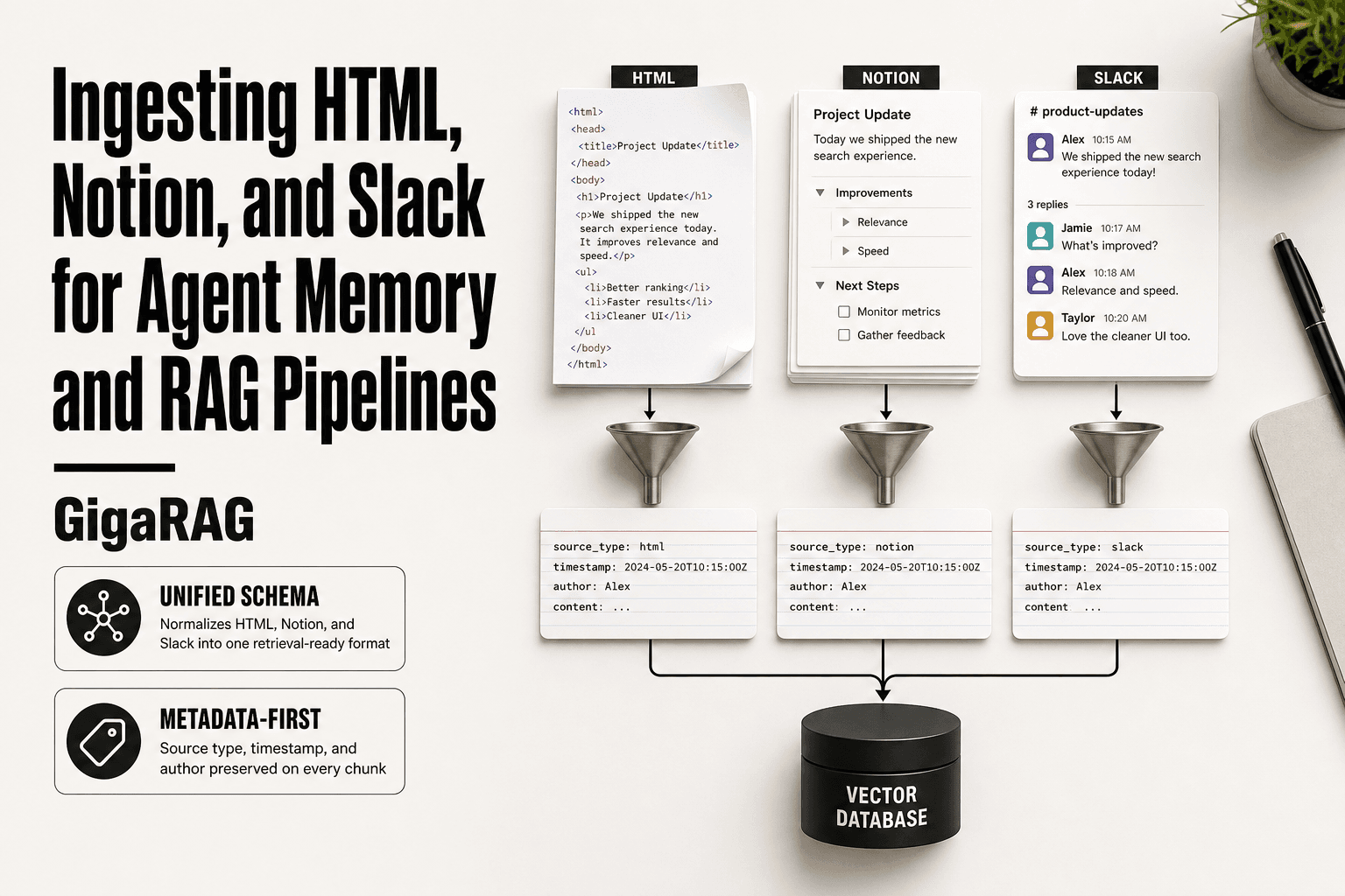 Editorial overhead view of HTML, Notion, and Slack sources being funneled into uniform metadata-labeled index cards for a GigaRAG retrieval pipeline.