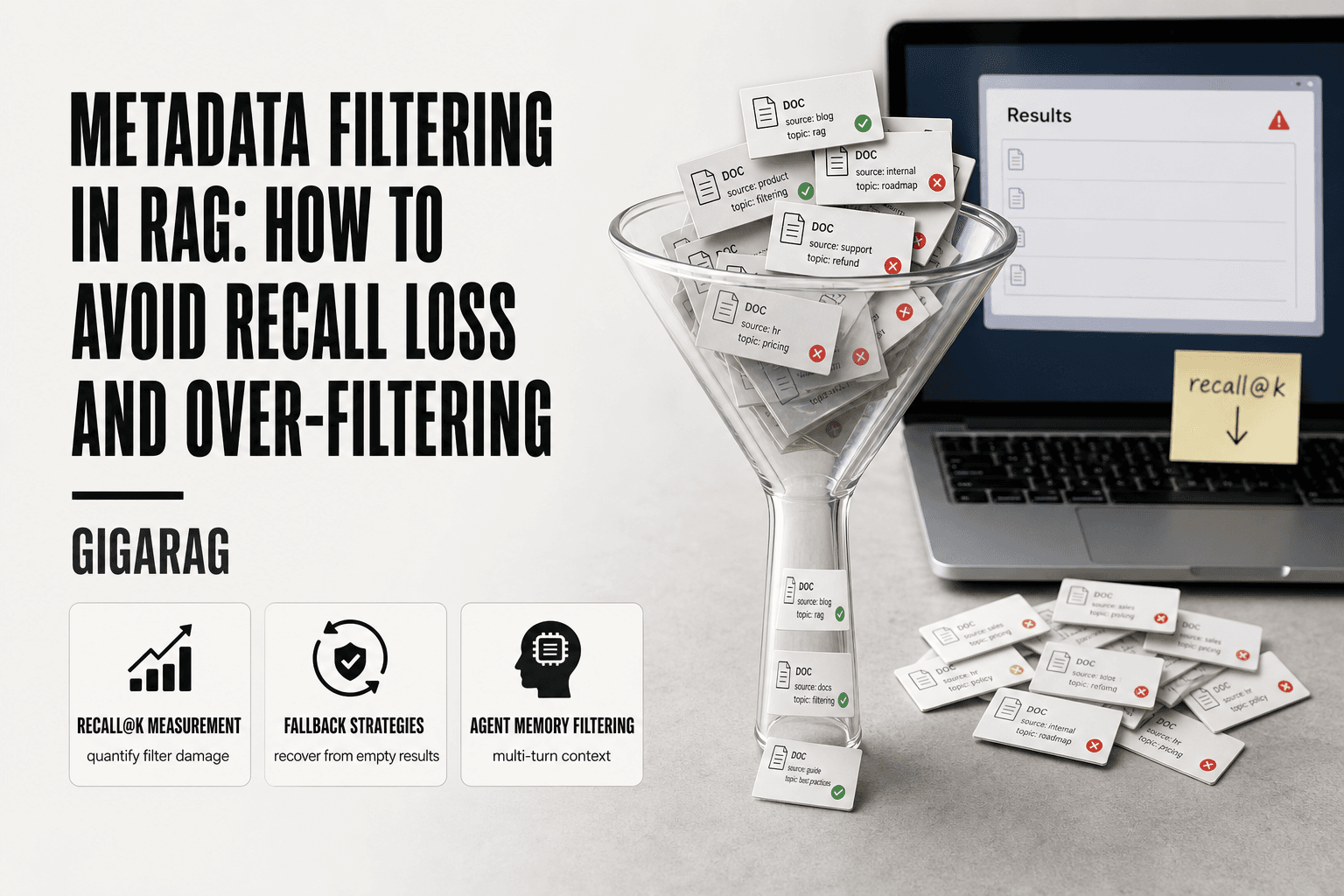 Editorial still life of a glass funnel narrowing document chips above a laptop showing sparse filtered results, with a sticky note labeled recall@k, illustrating metadata filtering recall loss in RAG for GigaRAG.