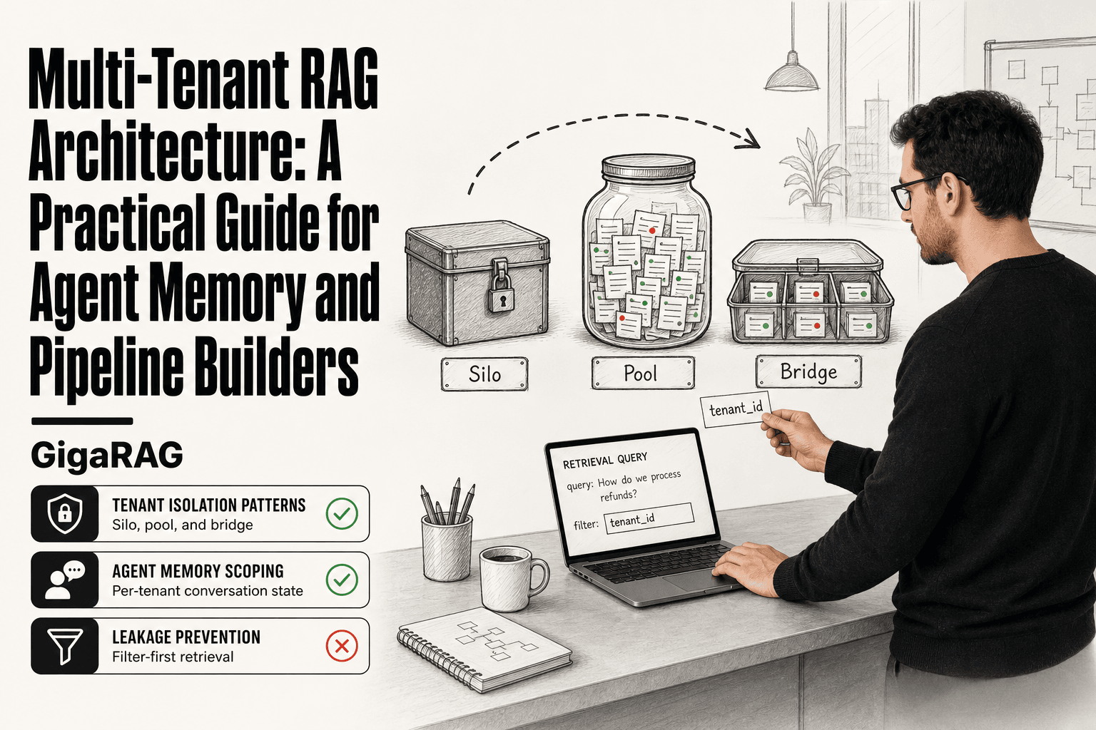 GigaRAG editorial illustration of a developer comparing silo, pool, and bridge multi-tenant RAG isolation patterns with a tenant_id filter card.