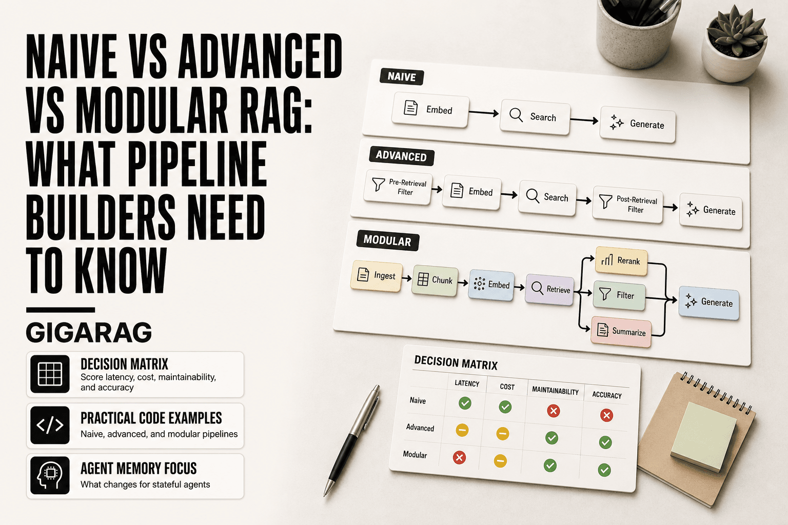 Editorial workbench comparing naive, advanced, and modular RAG pipeline boards with a decision scoring card on a light neutral background, from GigaRAG.