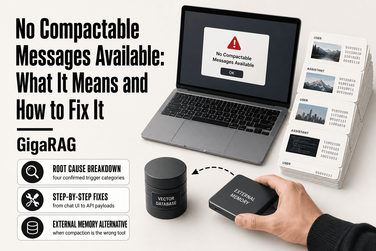 A developer at a workbench sees a no compactable messages available error on a laptop while moving conversation cards toward an external memory drive instead of a stalled compaction funnel.