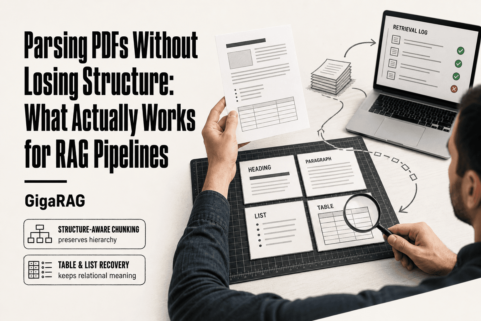 Editorial overhead workbench showing a developer splitting a PDF page into labeled structure cards for headings, paragraphs, lists, and tables, with a sketch overlay tracing the path into a RAG pipeline on a laptop. GigaRAG's guide to parsing PDFs without losing structure.