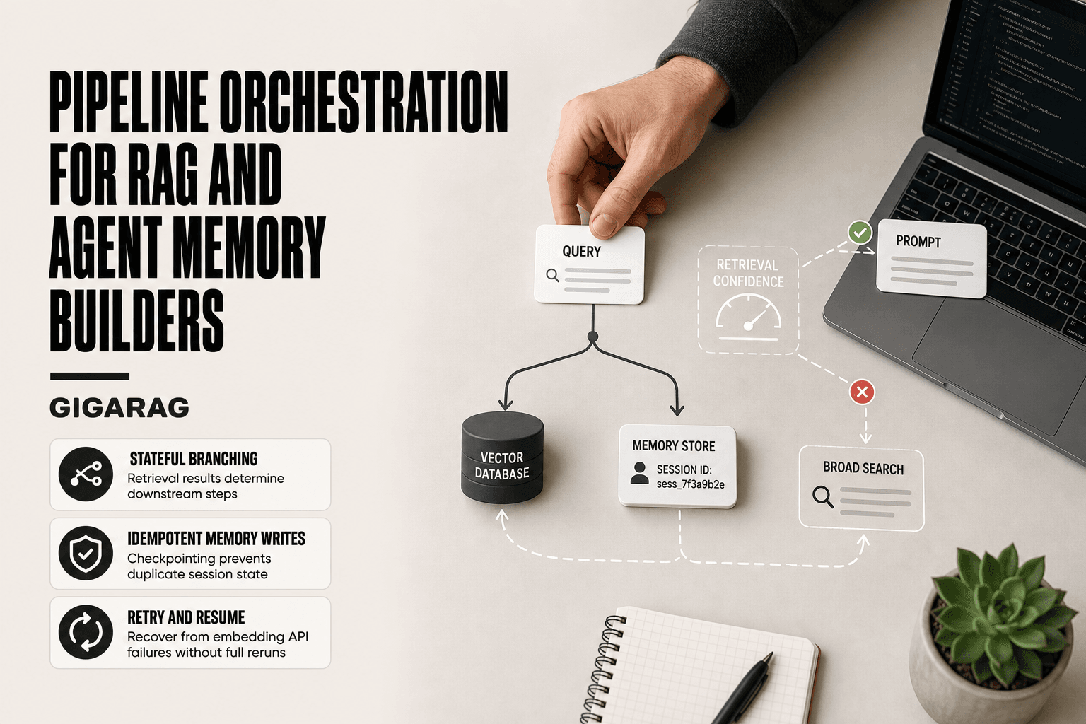 Overhead editorial workbench scene showing a developer hand placing a query card at a branching pipeline path toward a vector database and memory store, with a translucent sketch overlay tracing conditional retrieval and retry routes, illustrating GigaRAG pipeline orchestration.