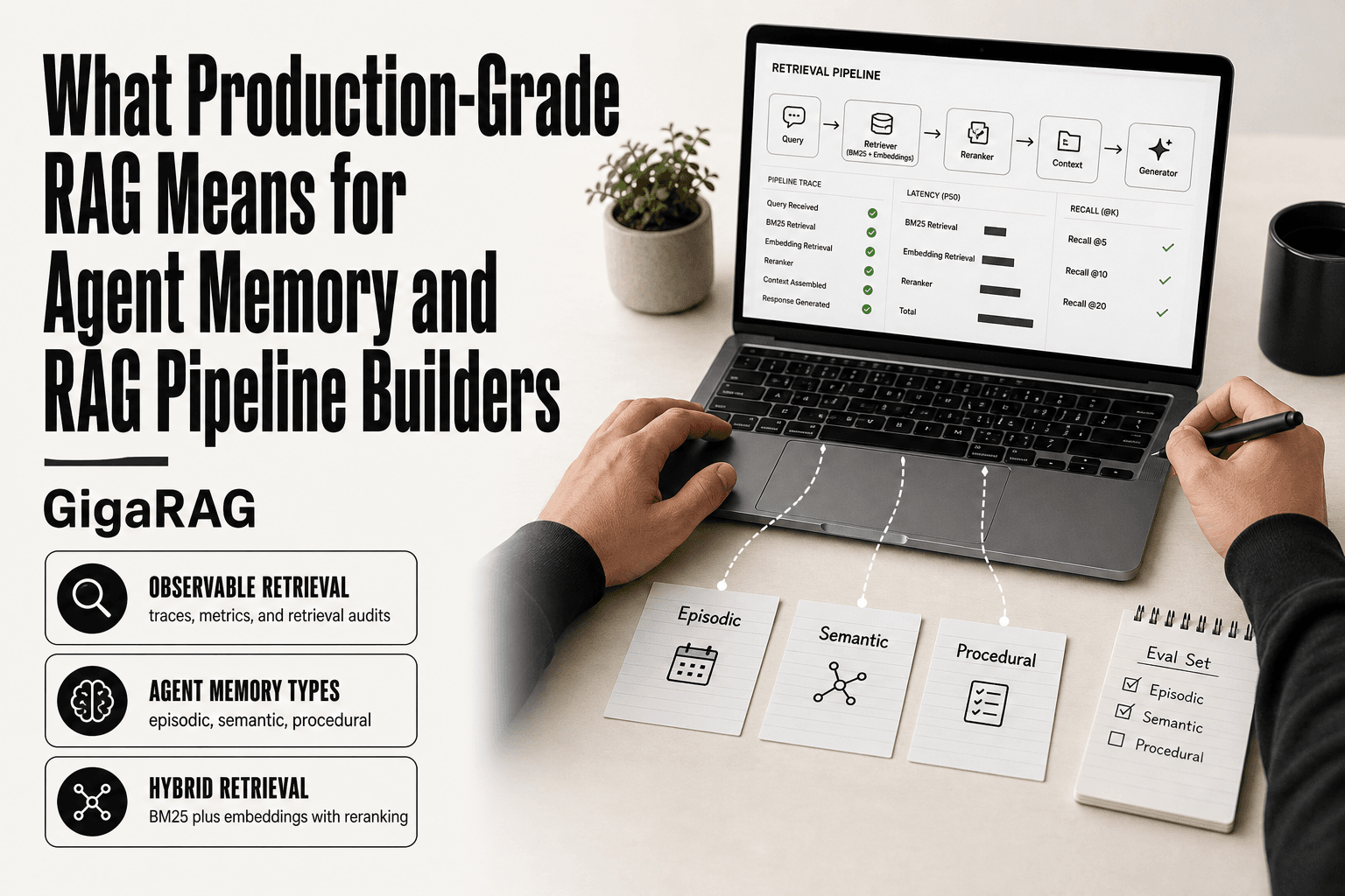 Editorial desk scene with a laptop showing a RAG pipeline dashboard and three labeled index cards for episodic, semantic, and procedural agent memory, with dashed sketch lines connecting each card to the retrieval path, illustrating GigaRAG's production-grade RAG infrastructure.