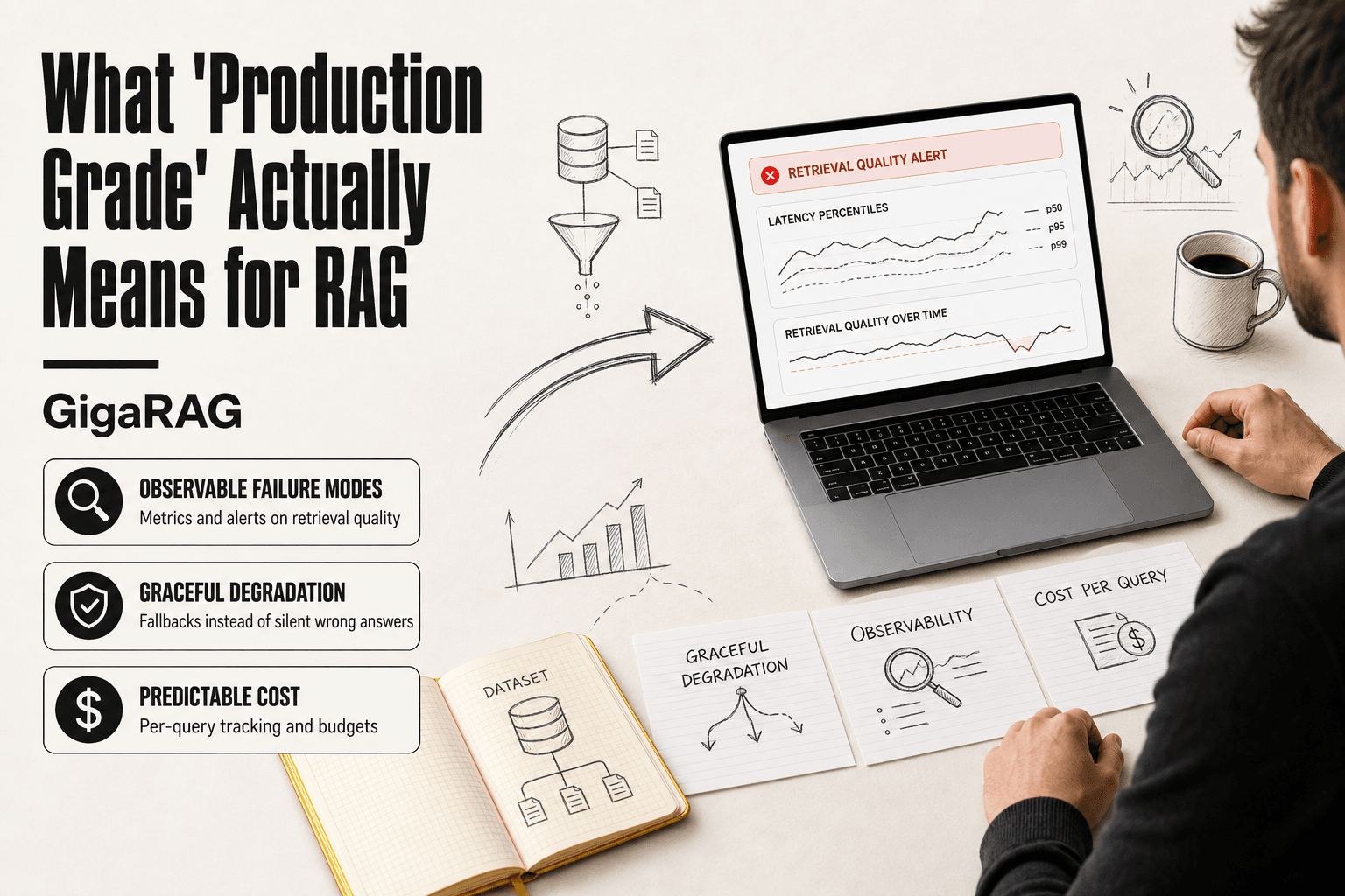 Editorial desk scene with a laptop showing a RAG monitoring dashboard and index cards labeled Graceful Degradation, Observability, and Cost Per Query, illustrating production-grade RAG properties discussed by GigaRAG.