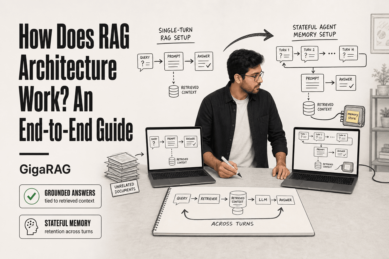 Editorial photo of a developer comparing a single-turn RAG laptop setup with a stateful agent memory workstation, a notepad sketching a retrieval loop labeled across turns.