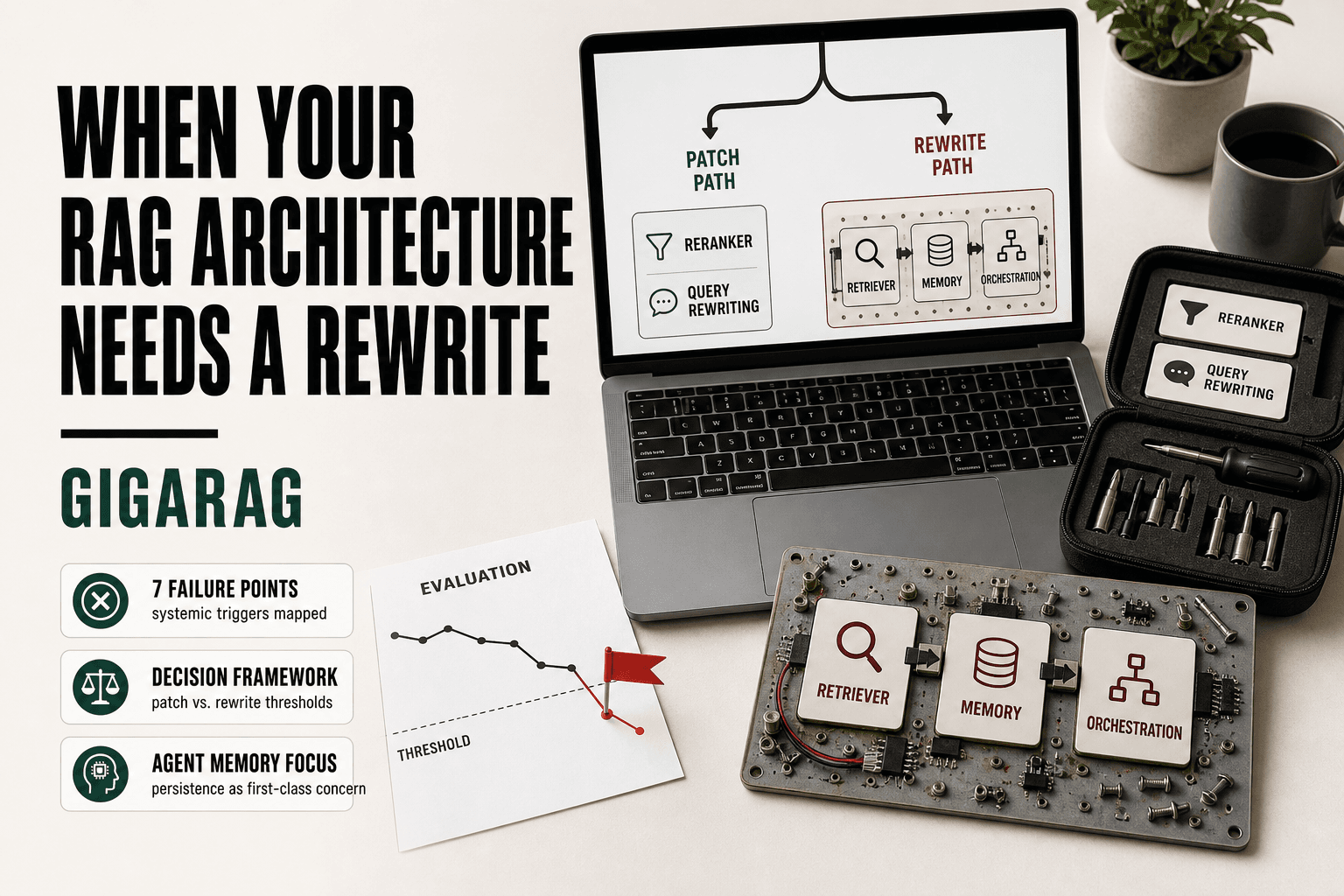 Editorial overhead scene of a laptop showing a RAG architecture decision fork between patching and rewriting, with a patch kit and disassembled pipeline modules beside an evaluation sheet flagging a metric below threshold. GigaRAG content.