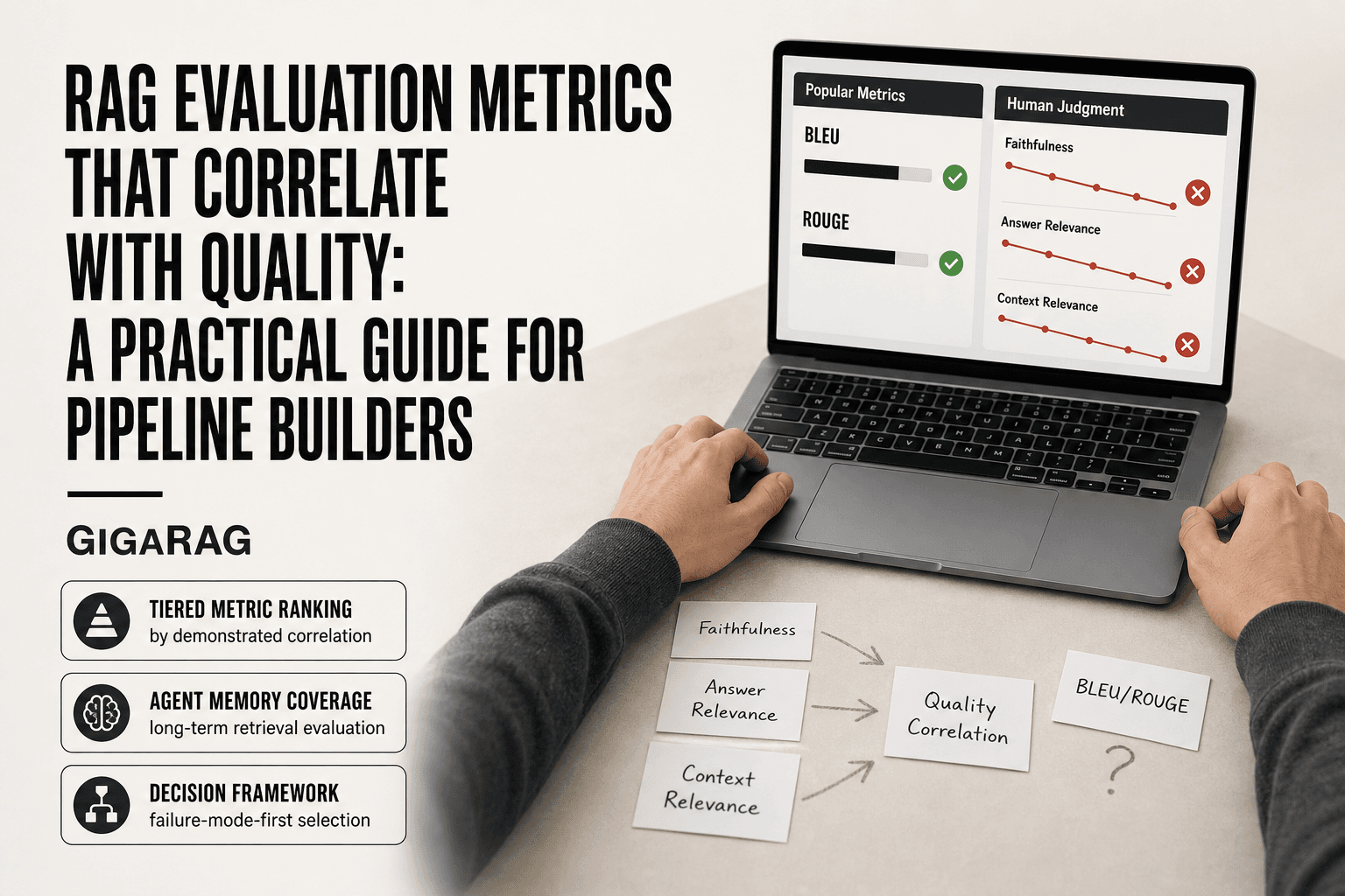 GigaRAG editorial desk scene comparing popular RAG evaluation metrics with human judgment correlation, featuring index cards for faithfulness, answer relevance, and context relevance on a light neutral background.