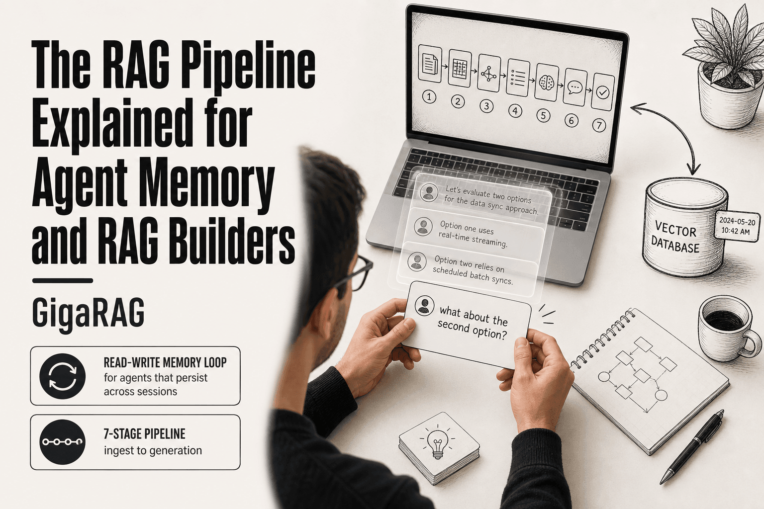 Editorial overhead scene of a developer holding a query card with prior conversation cards behind it, a write-back arrow feeding a vector database cylinder, and a timestamp tag, representing the RAG pipeline for agent memory.