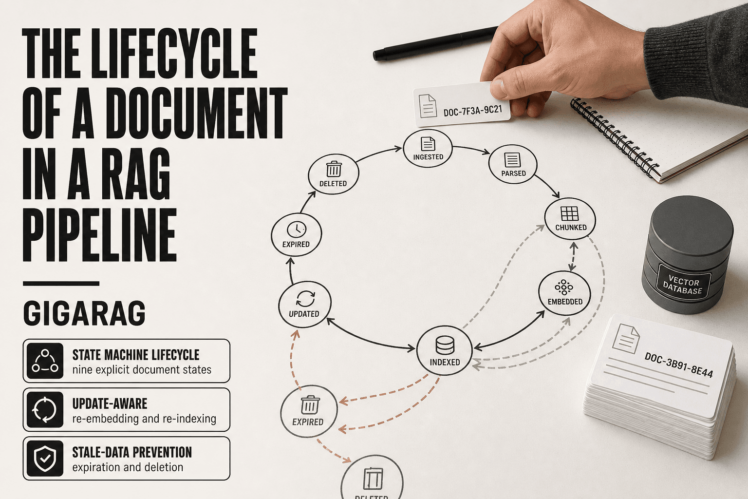 Editorial overhead scene of a developer's hand tracing a nine-state document lifecycle diagram on a workbench, with a vector database cylinder and document cards showing update, expiration, and deletion paths for GigaRAG's RAG pipeline guide.