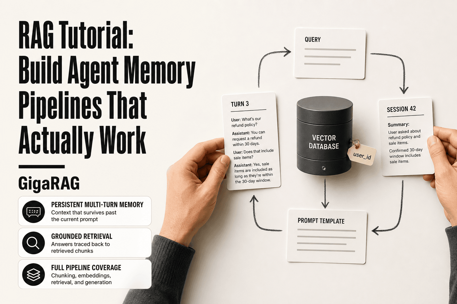 Editorial overhead scene of a developer placing conversation transcript and memory summary cards beside a compact vector database cylinder, with a sketch overlay tracing a retrieval loop through a prompt template card, representing a RAG agent memory pipeline from GigaRAG.