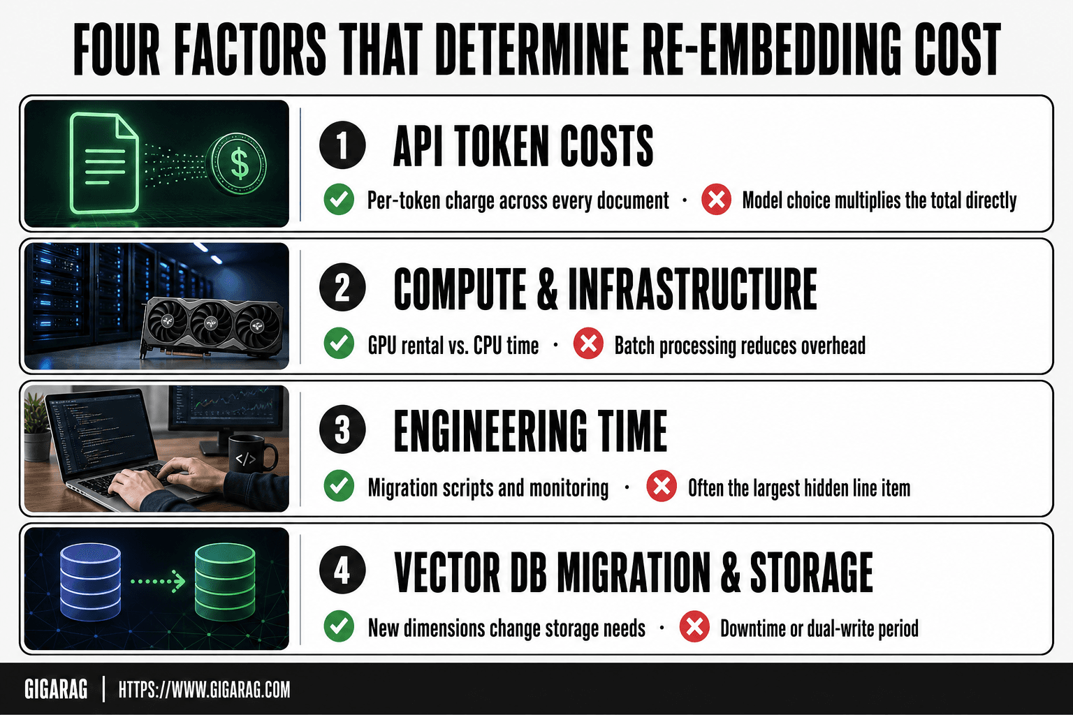Card grid infographic showing four factors that determine re-embedding cost: API token costs, compute and infrastructure, engineering time, and vector database migration and storage, based on GigaRAG's guide to re-embedding a large corpus.